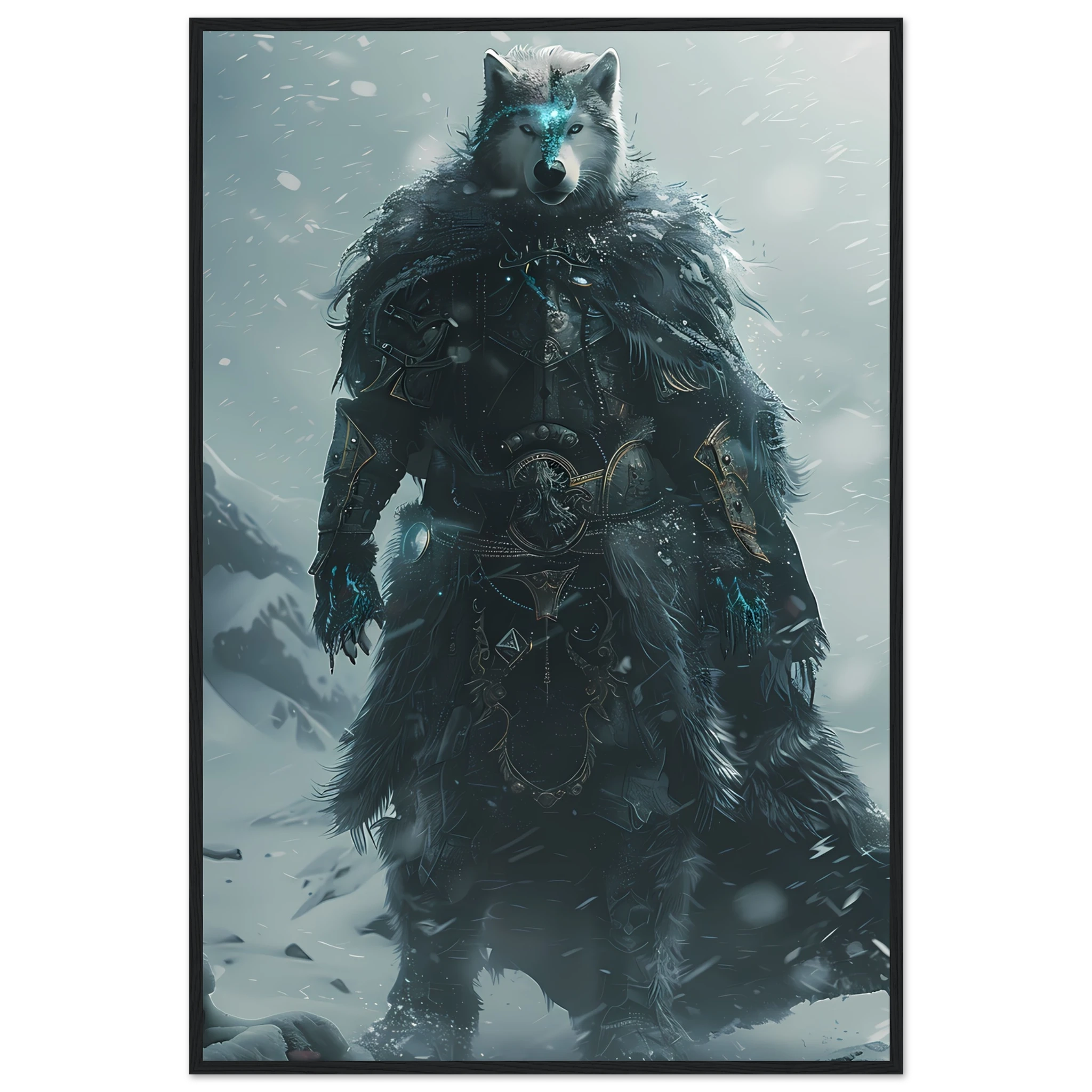 Husky in icy armor amid swirling snow — cinematic arctic pet warrior art print.