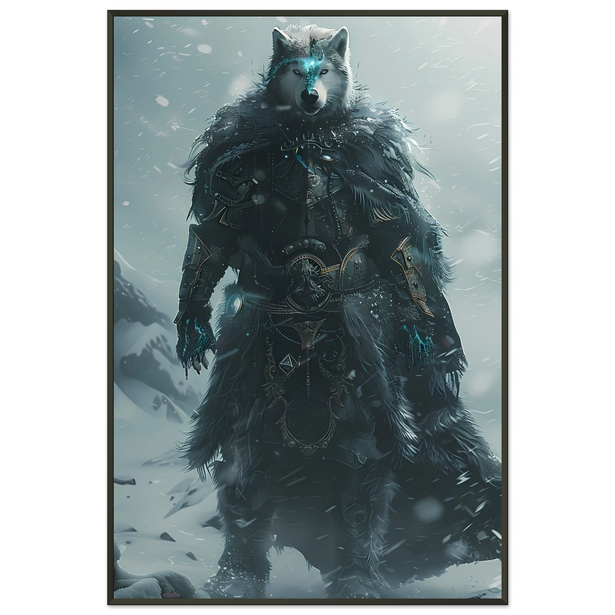 Husky in icy armor amid swirling snow — cinematic arctic pet warrior art print.