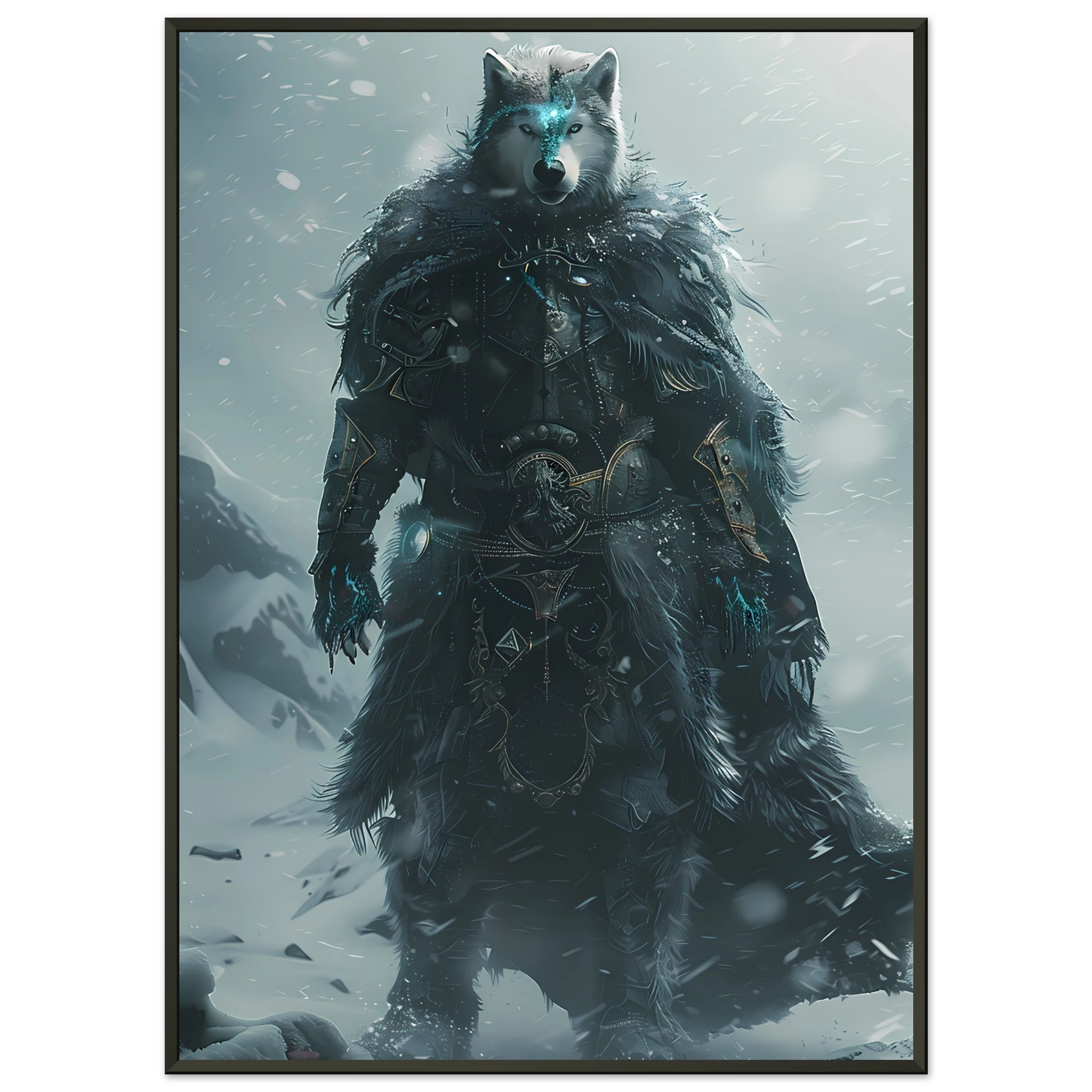 Husky in icy armor amid swirling snow — cinematic arctic pet warrior art print.