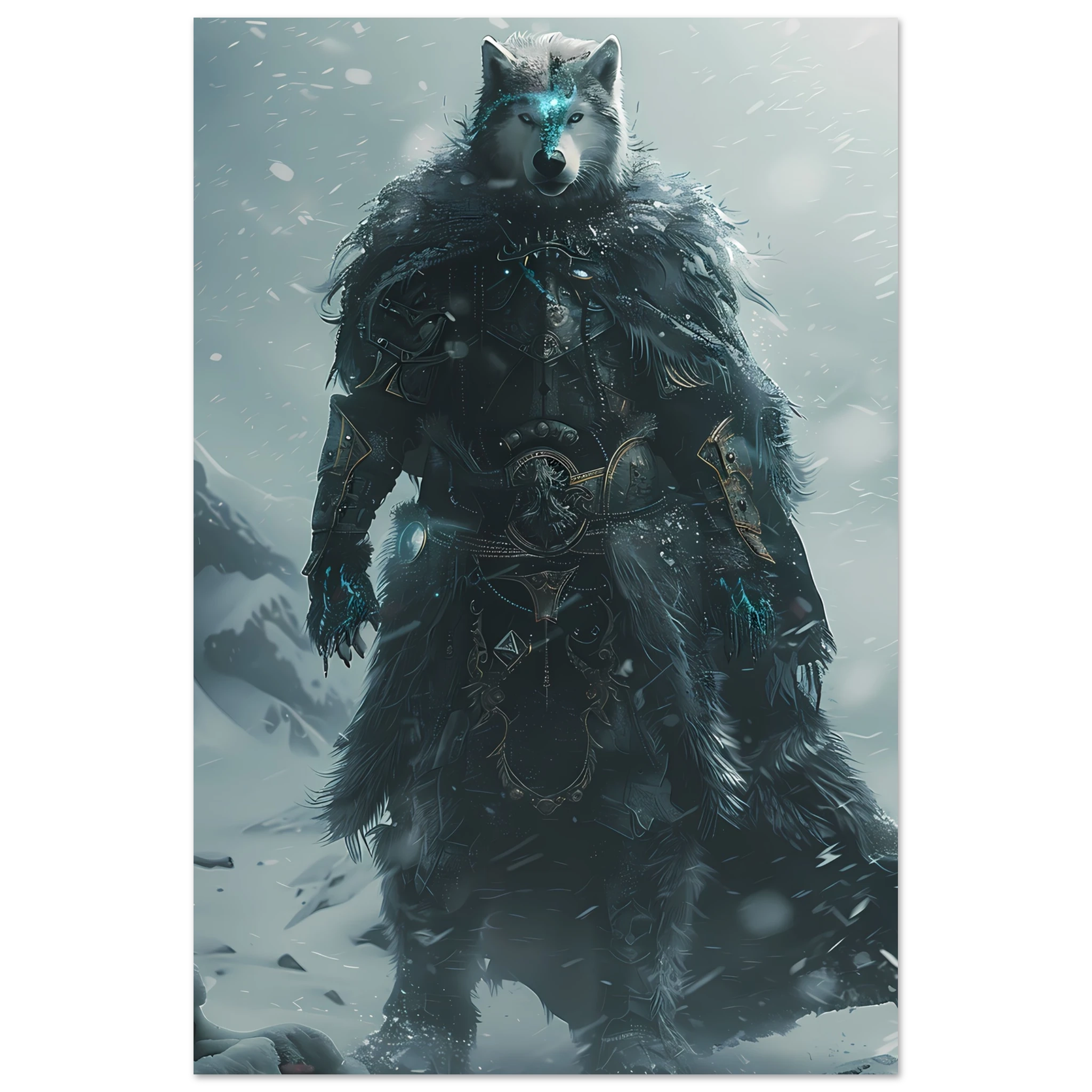 Husky in icy armor amid swirling snow — cinematic arctic pet warrior art print.