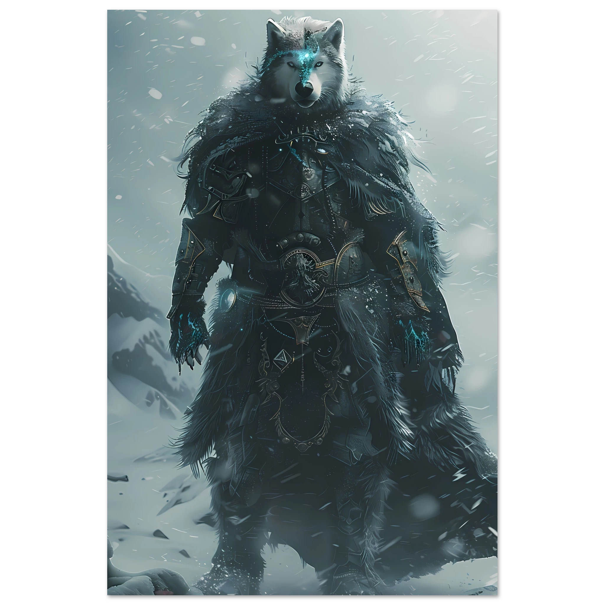 Husky in icy armor amid swirling snow — cinematic arctic pet warrior art print.