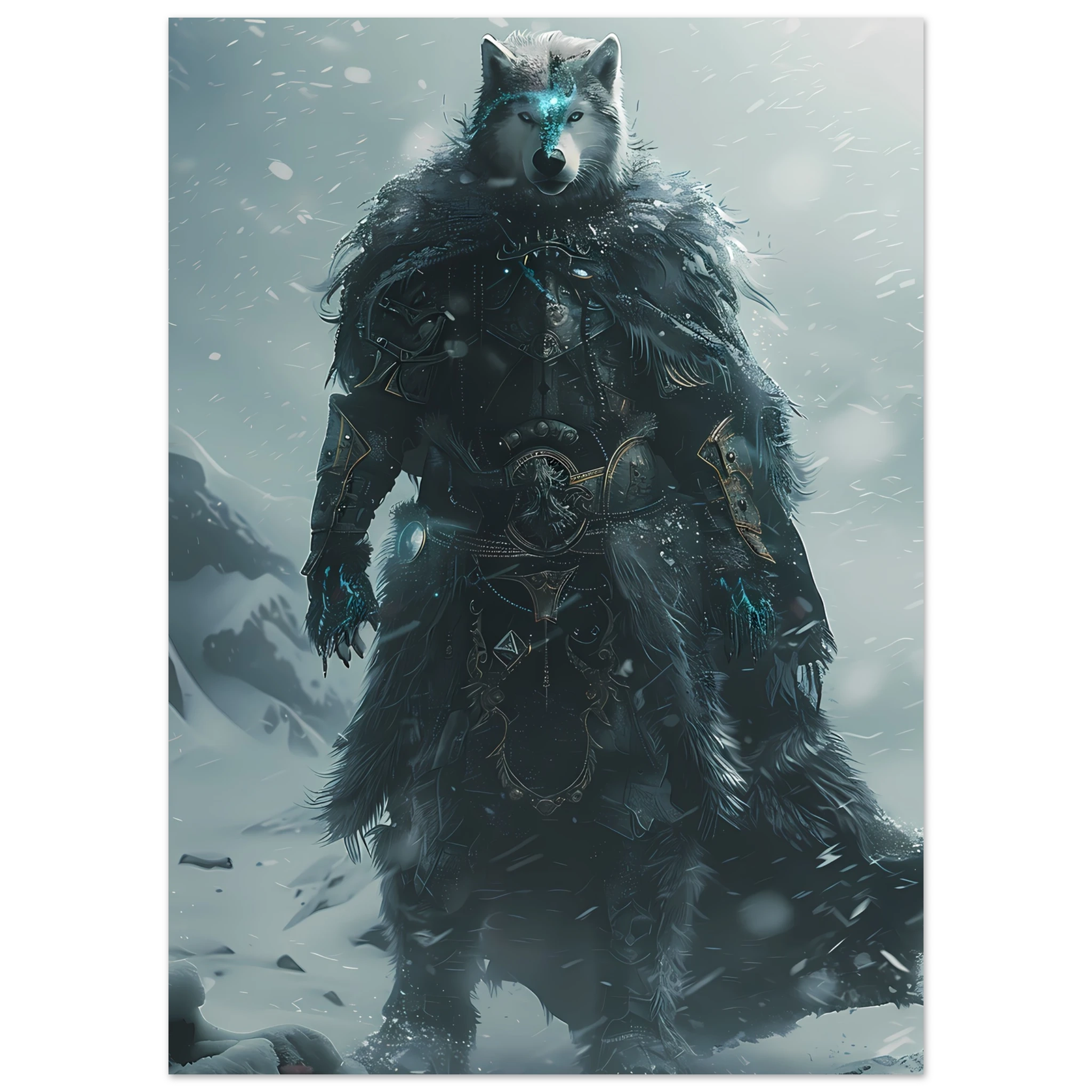 Husky in icy armor amid swirling snow — cinematic arctic pet warrior art print.