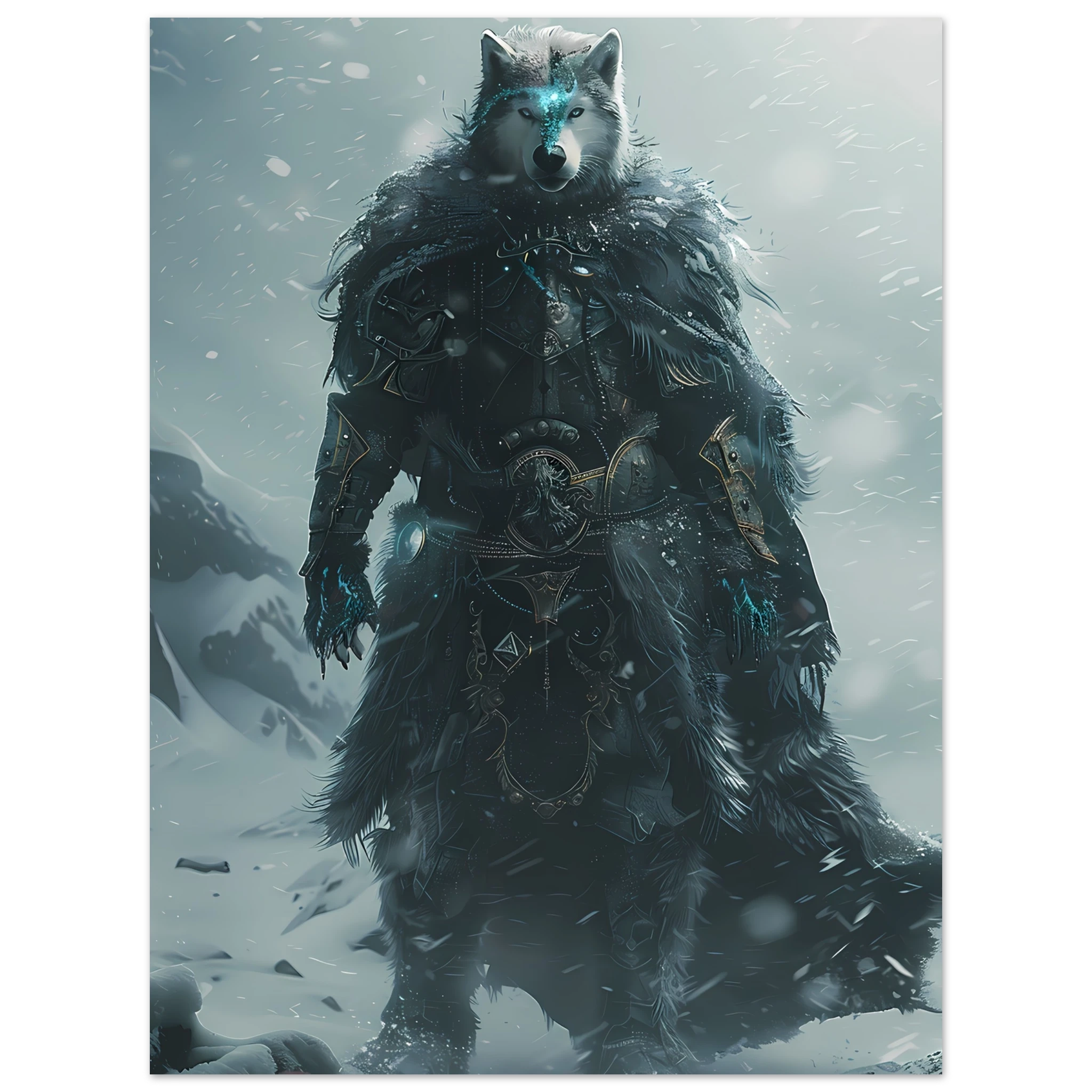 Husky in icy armor amid swirling snow — cinematic arctic pet warrior art print.
