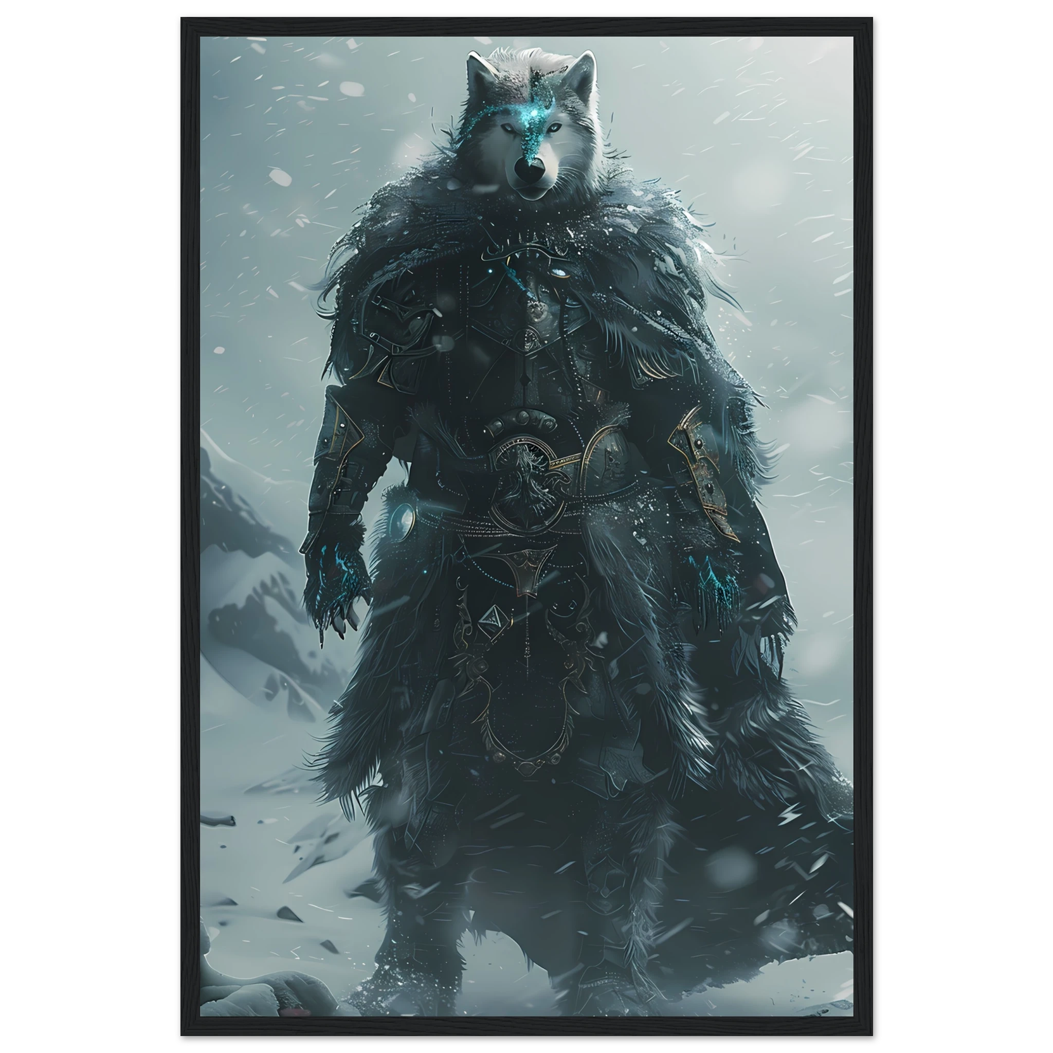 Husky in icy armor amid swirling snow — cinematic arctic pet warrior art print.