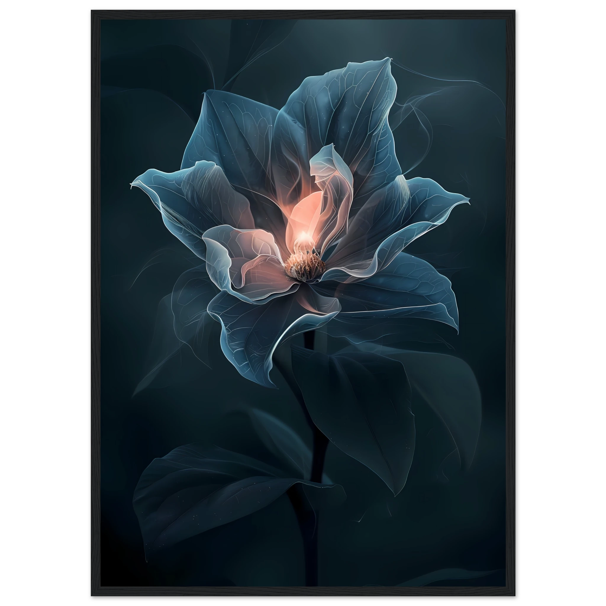 Close-up glowing orchid petals with soft blur — photoreal botanical art print.