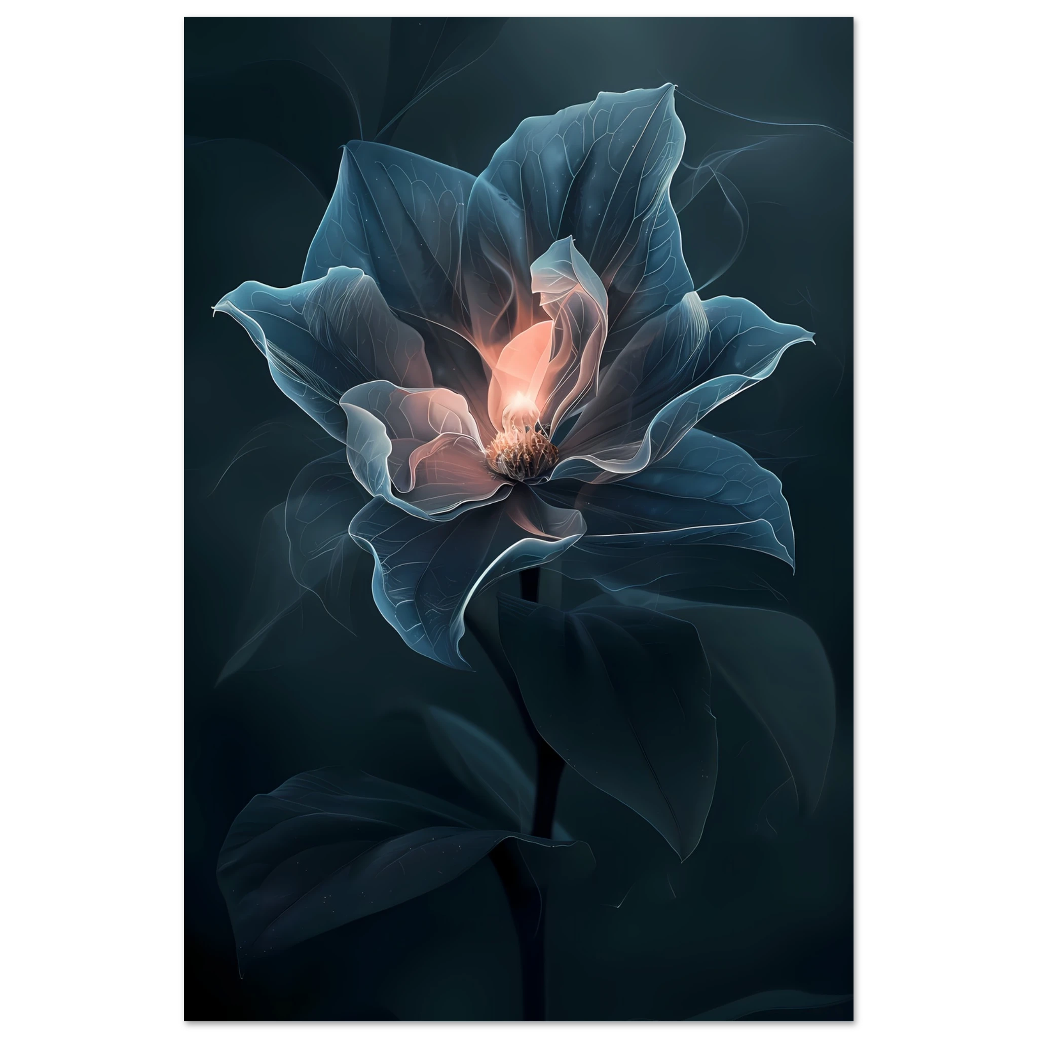 Close-up glowing orchid petals with soft blur — photoreal botanical art print.