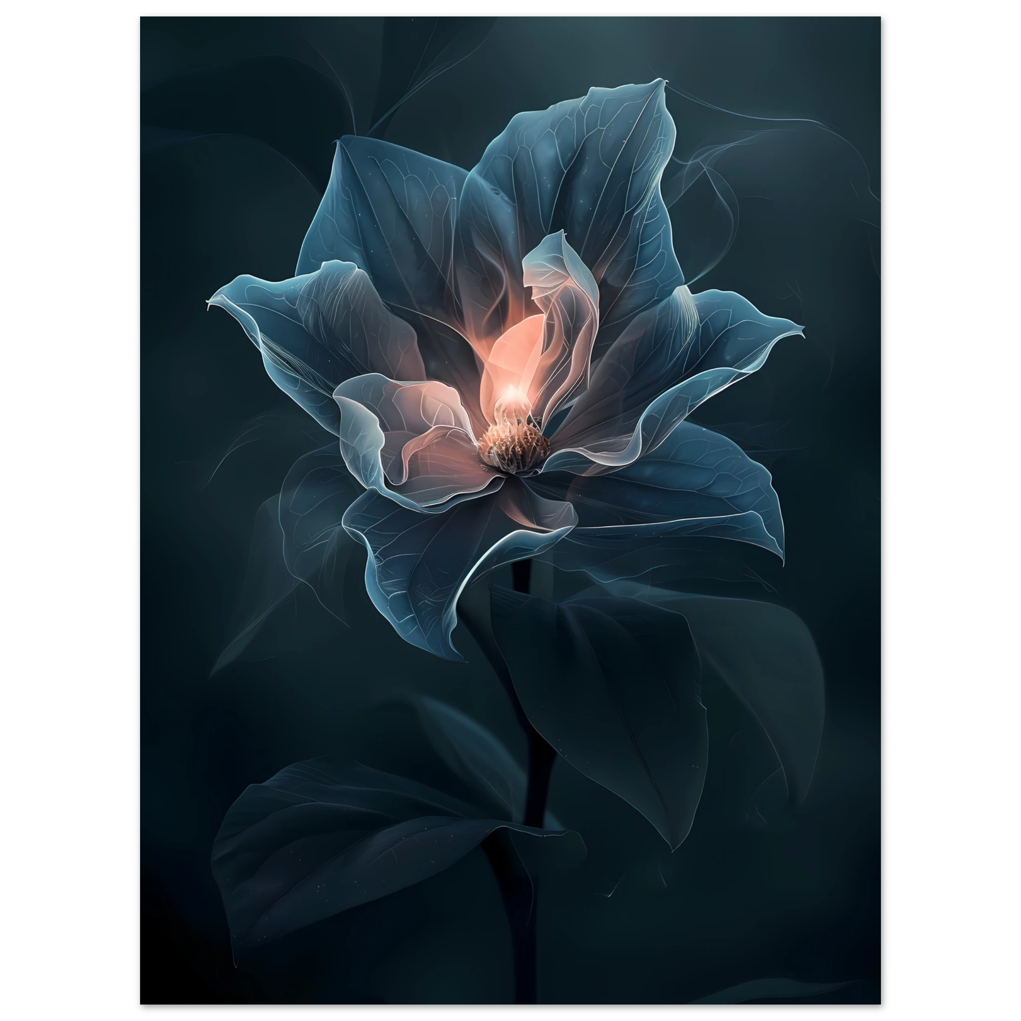Close-up glowing orchid petals with soft blur — photoreal botanical art print.