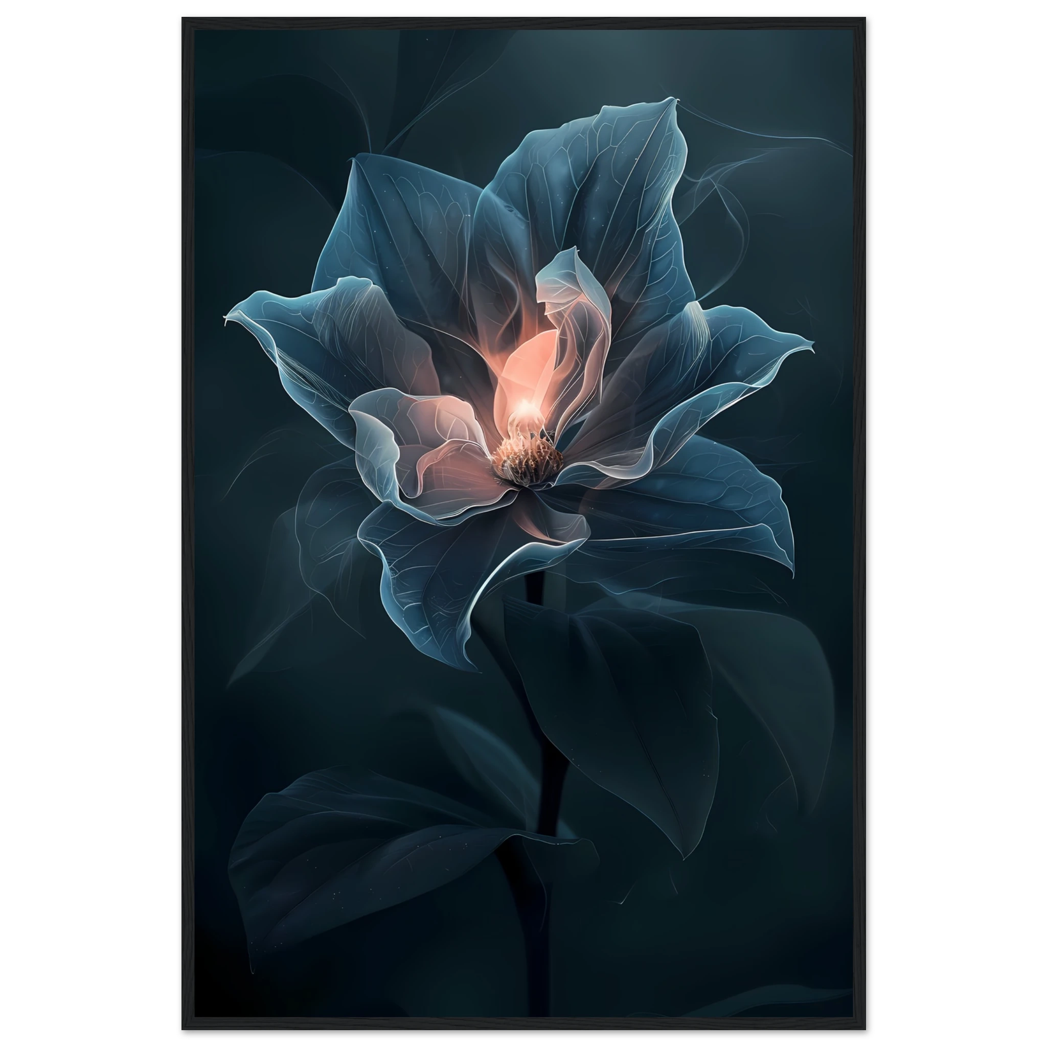 Close-up glowing orchid petals with soft blur — photoreal botanical art print.