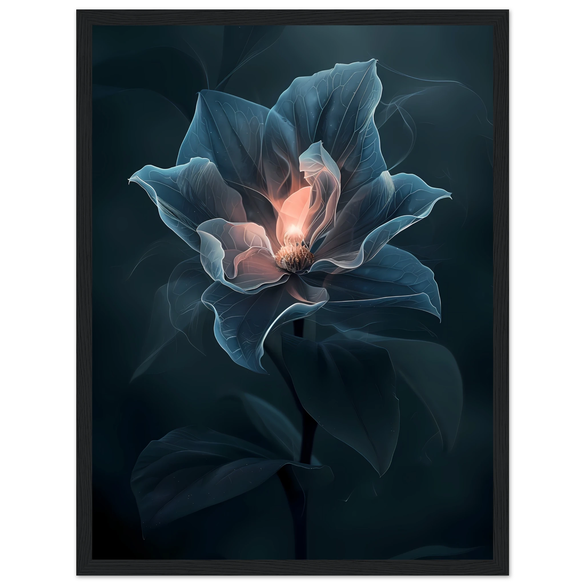 Close-up glowing orchid petals with soft blur — photoreal botanical art print.