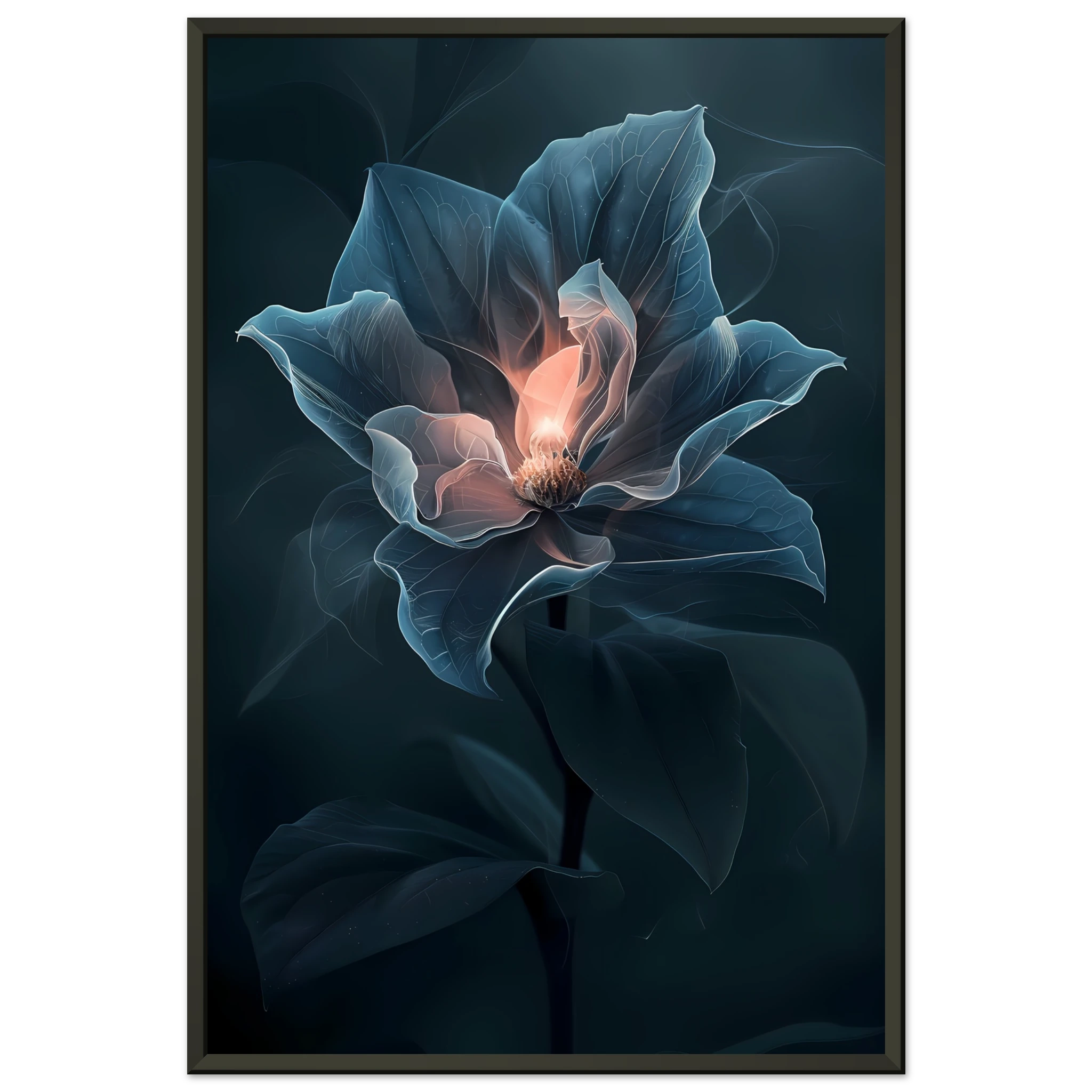 Close-up glowing orchid petals with soft blur — photoreal botanical art print.