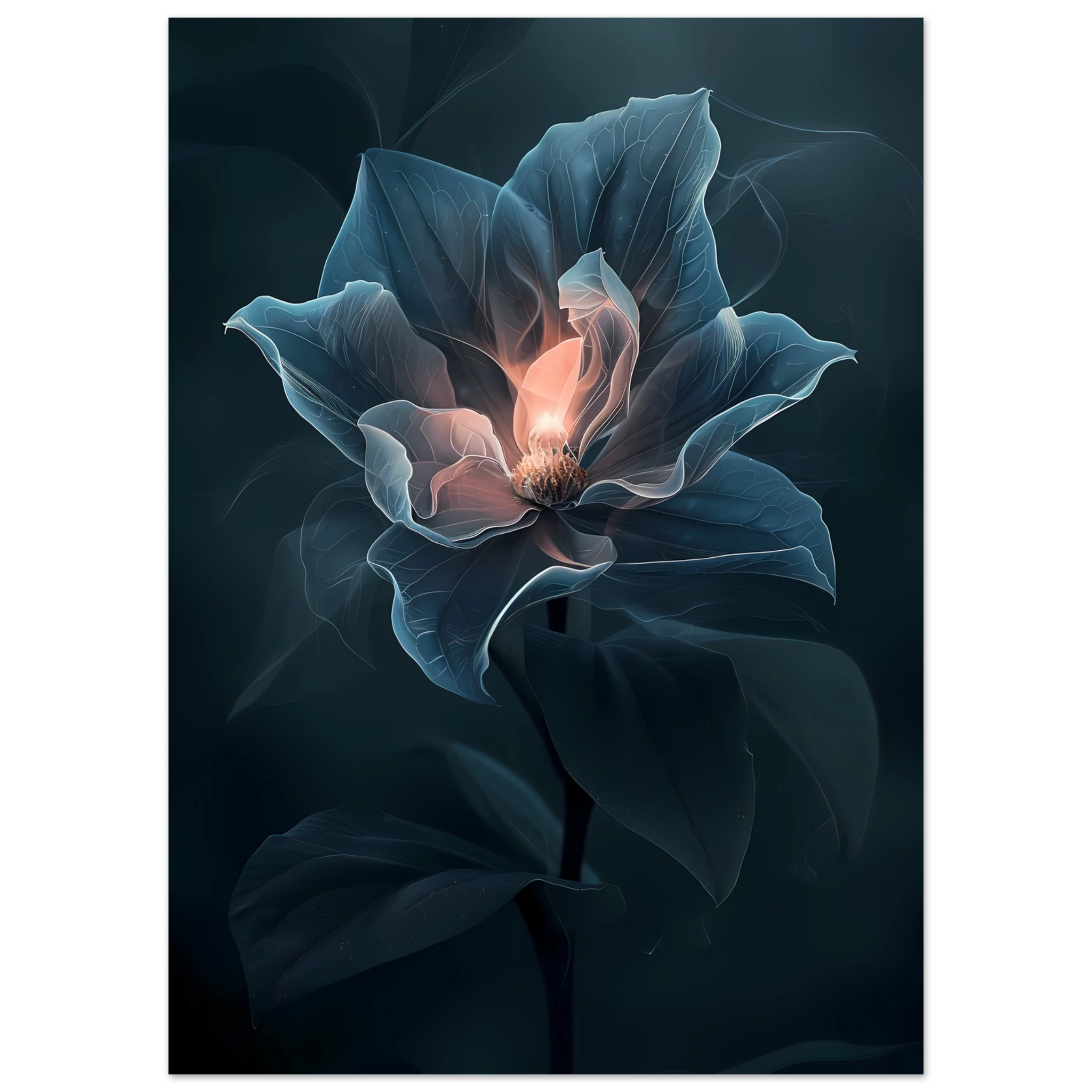Close-up glowing orchid petals with soft blur — photoreal botanical art print.