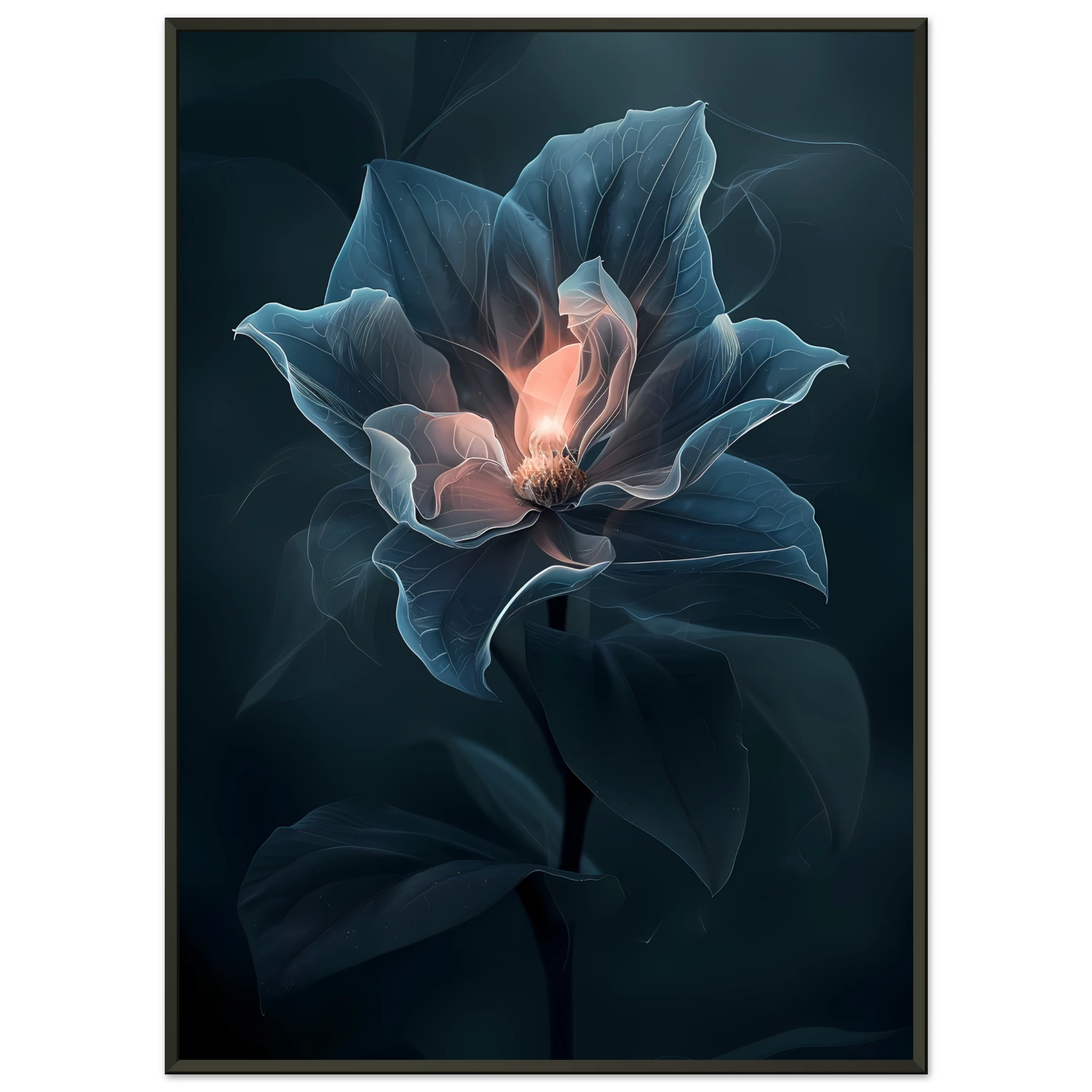 Close-up glowing orchid petals with soft blur — photoreal botanical art print.