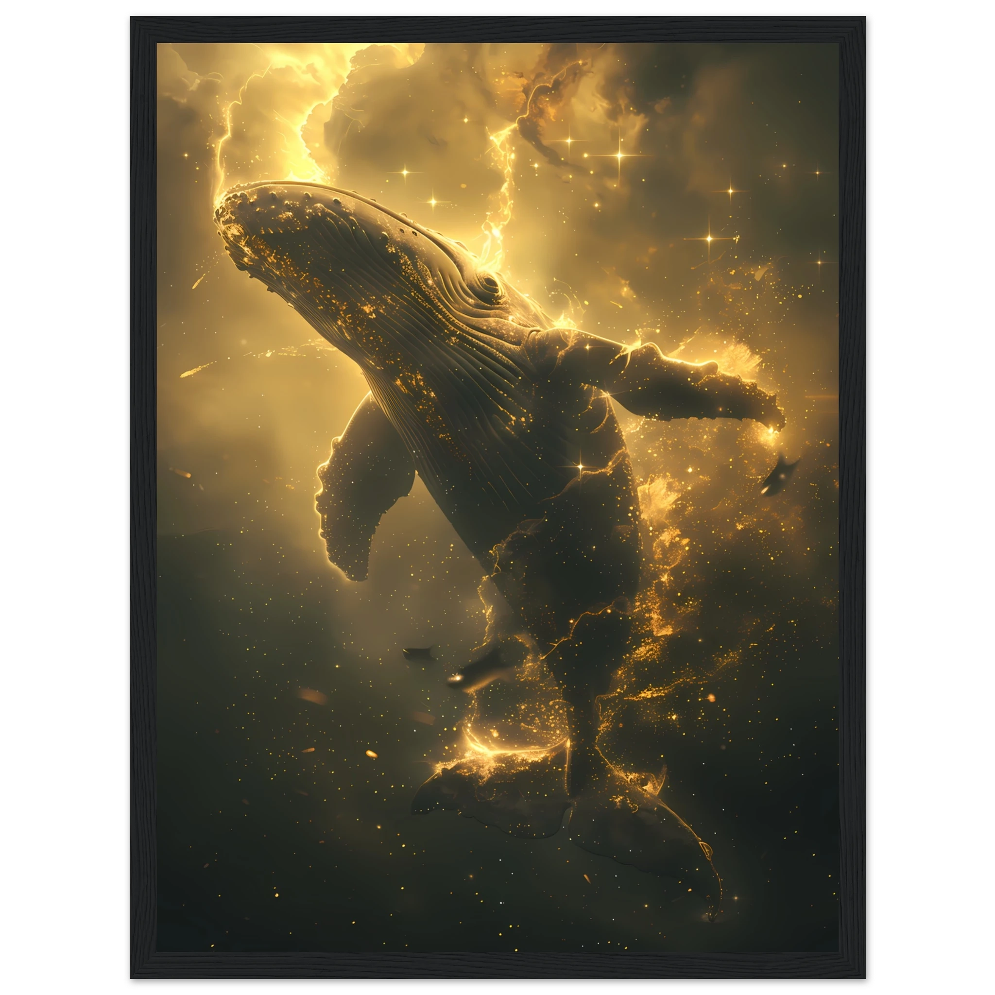Whale formed of constellations with starlit fins swimming across a galaxy sky — surreal cosmic wall print.