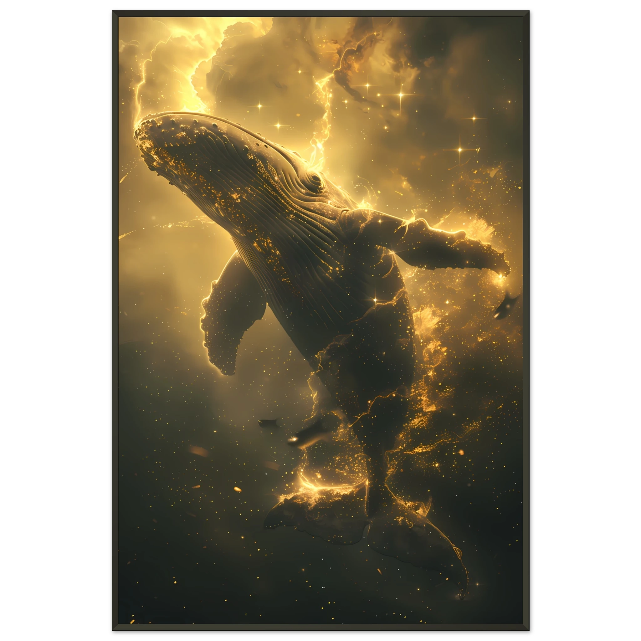 Whale formed of constellations with starlit fins swimming across a galaxy sky — surreal cosmic wall print.