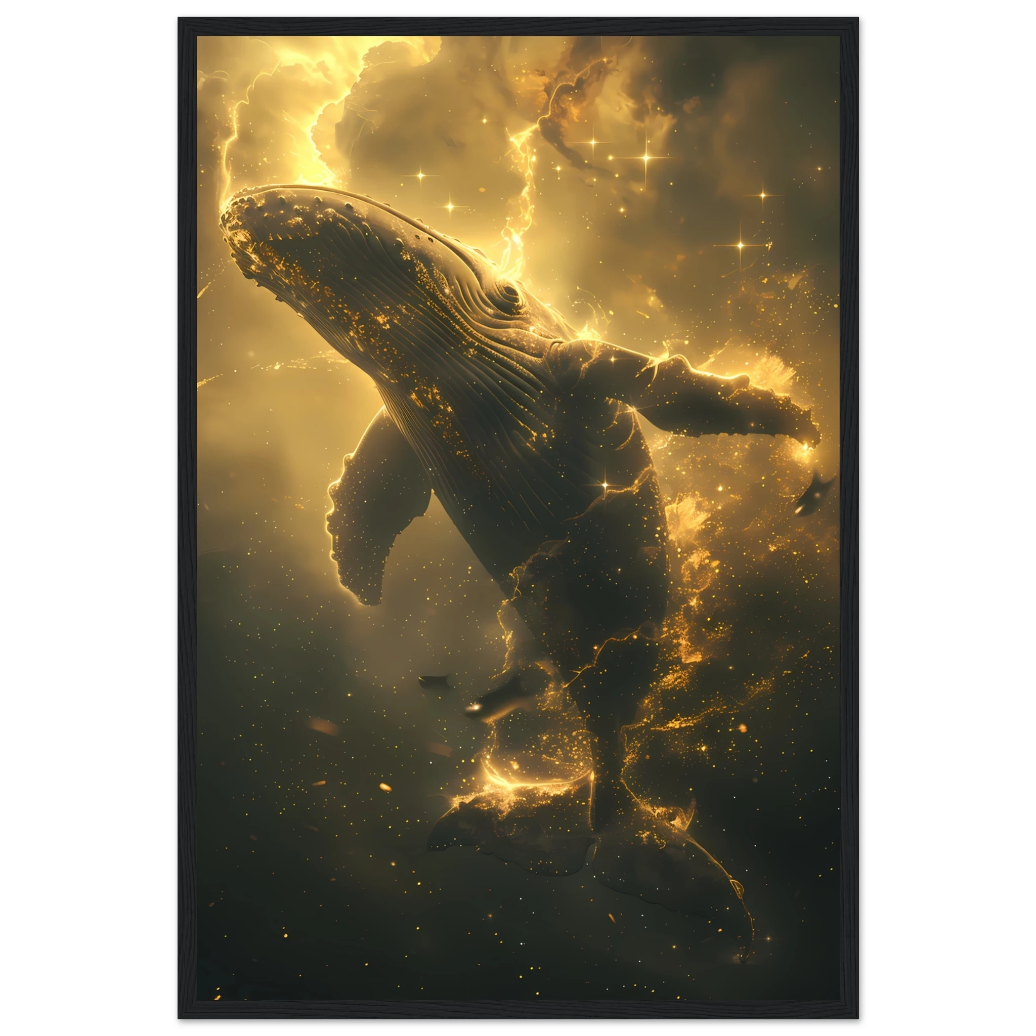 Whale formed of constellations with starlit fins swimming across a galaxy sky — surreal cosmic wall print.