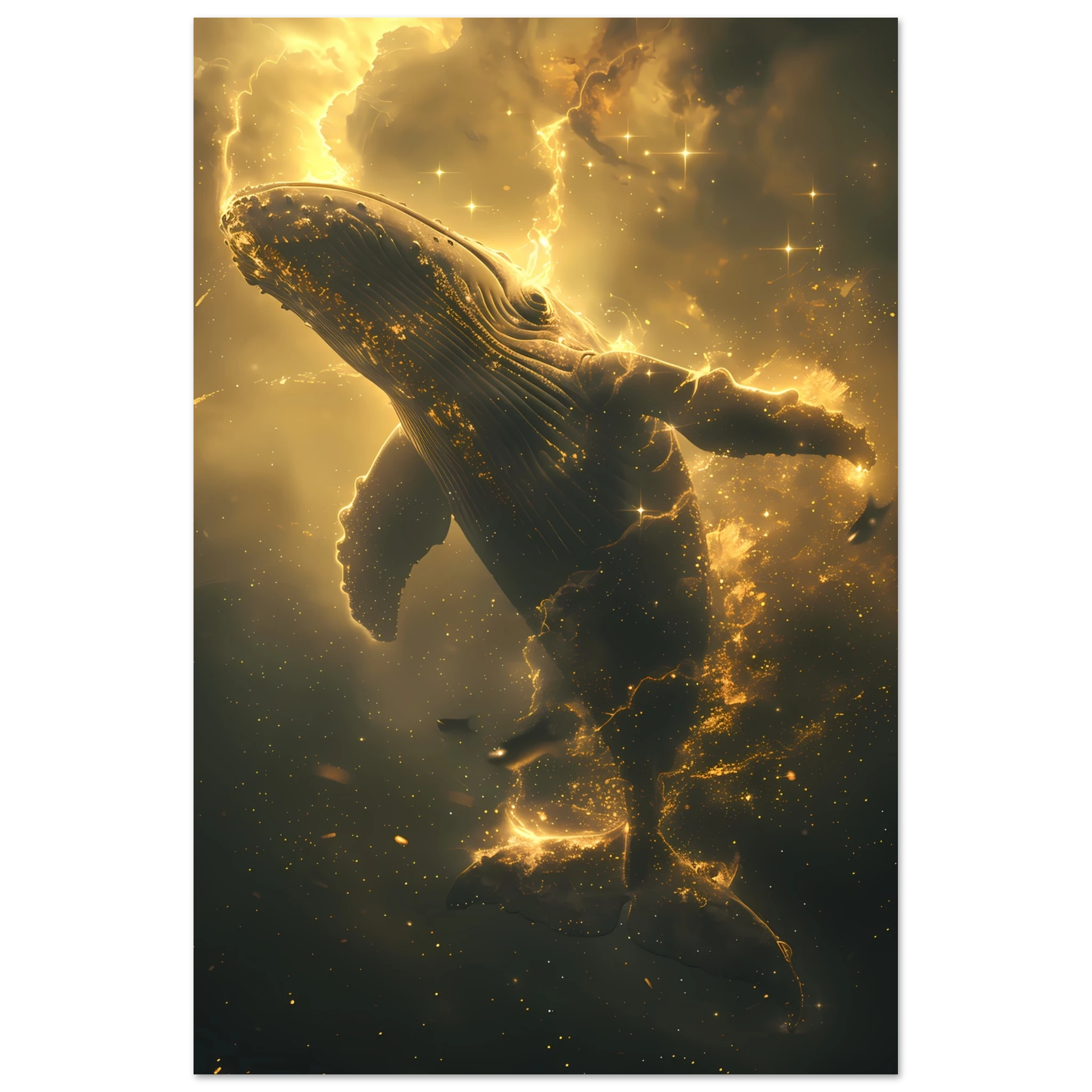 Whale formed of constellations with starlit fins swimming across a galaxy sky — surreal cosmic wall print.