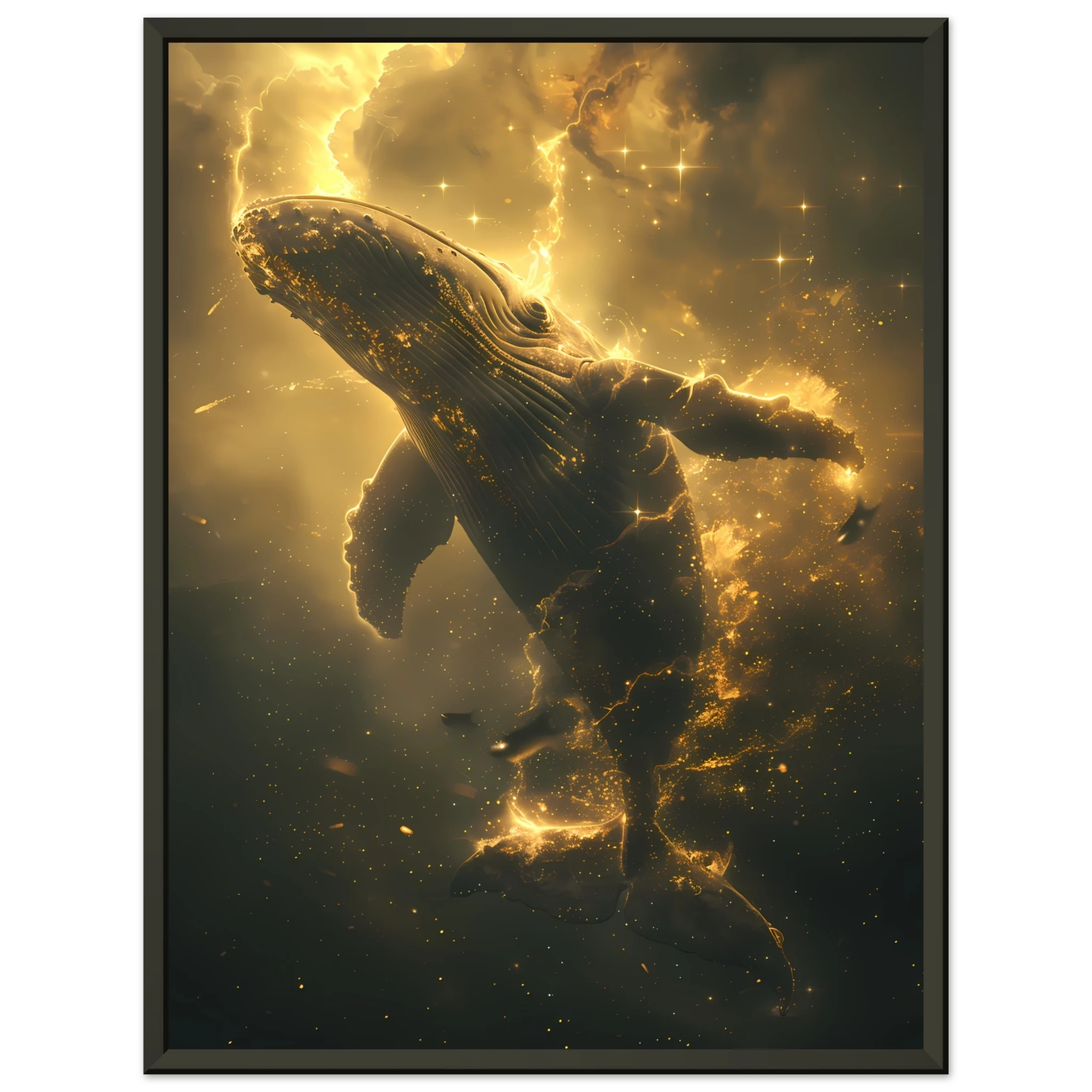 Whale formed of constellations with starlit fins swimming across a galaxy sky — surreal cosmic wall print.