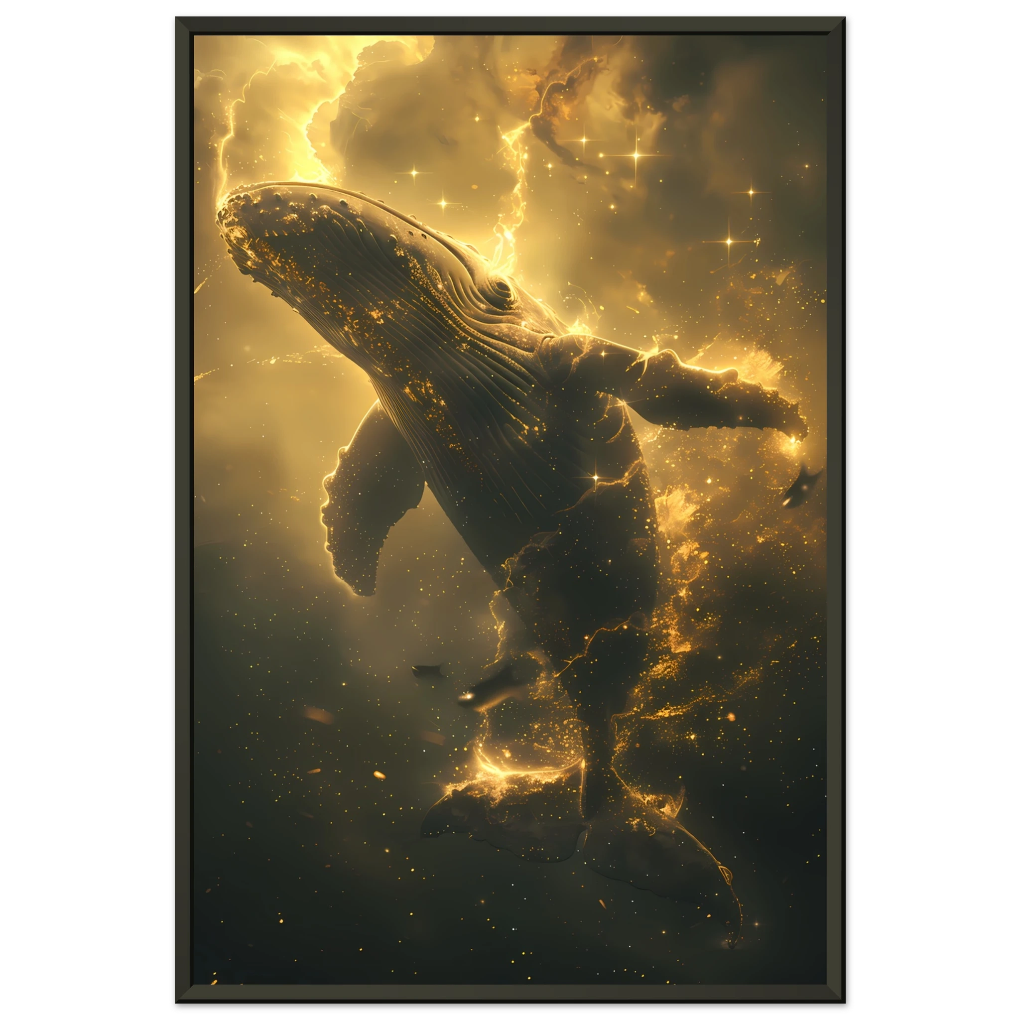 Whale formed of constellations with starlit fins swimming across a galaxy sky — surreal cosmic wall print.