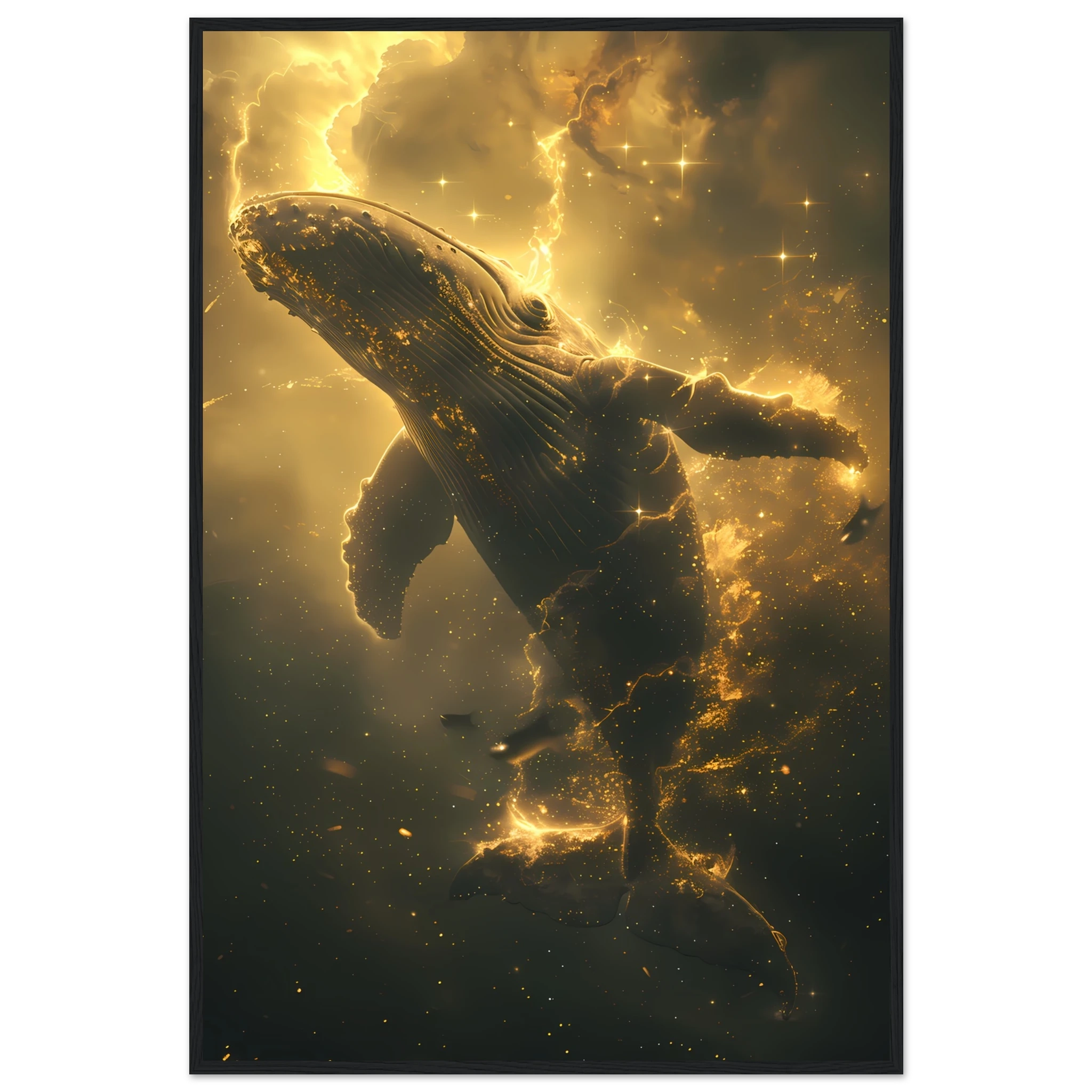 Whale formed of constellations with starlit fins swimming across a galaxy sky — surreal cosmic wall print.