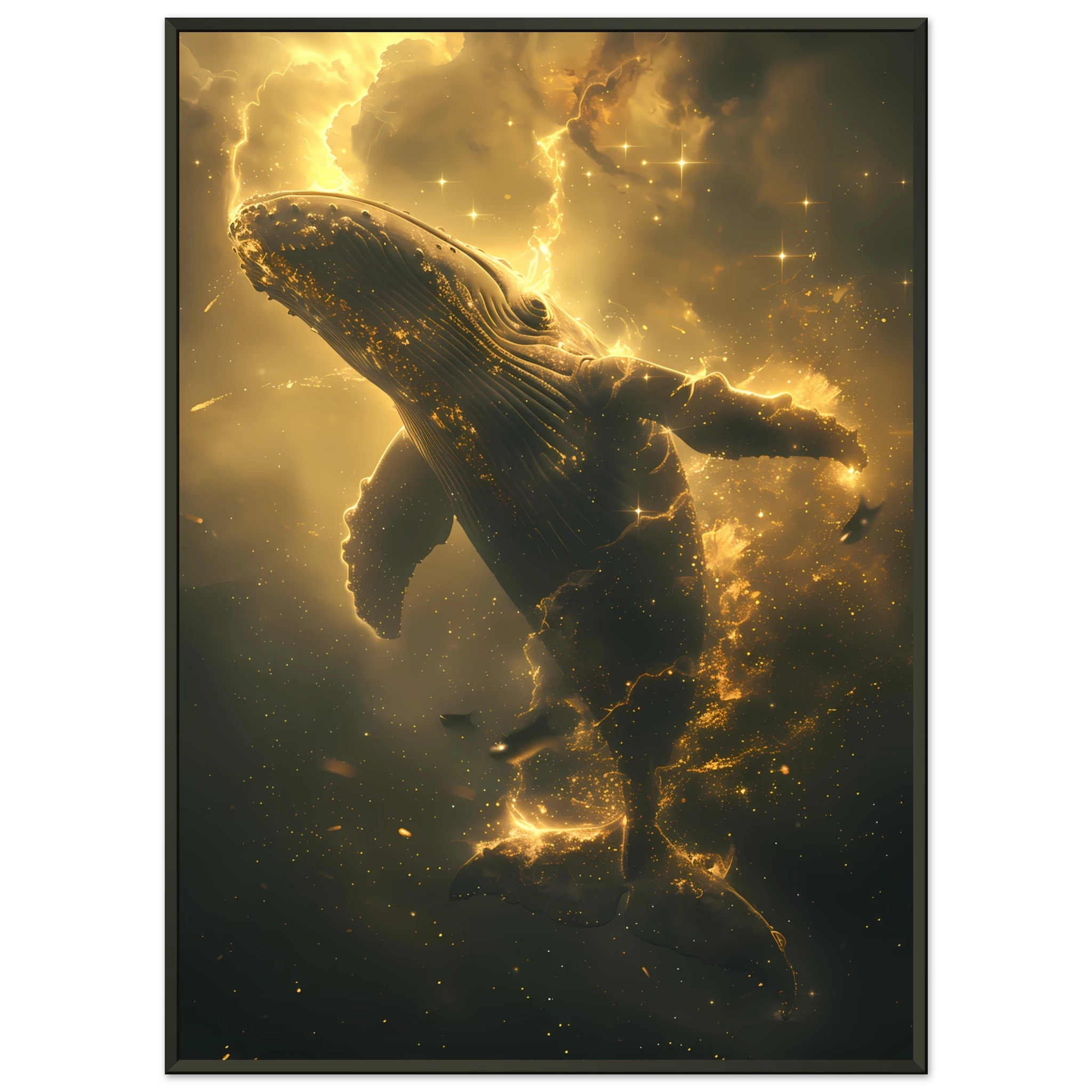 Whale formed of constellations with starlit fins swimming across a galaxy sky — surreal cosmic wall print.