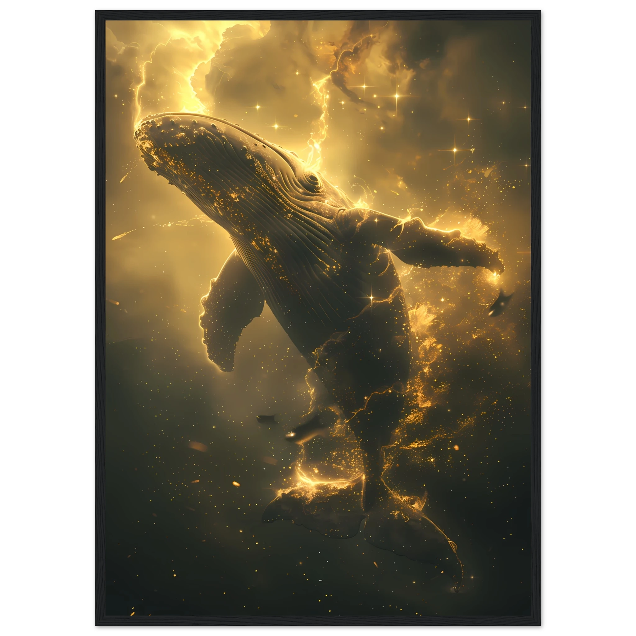 Whale formed of constellations with starlit fins swimming across a galaxy sky — surreal cosmic wall print.
