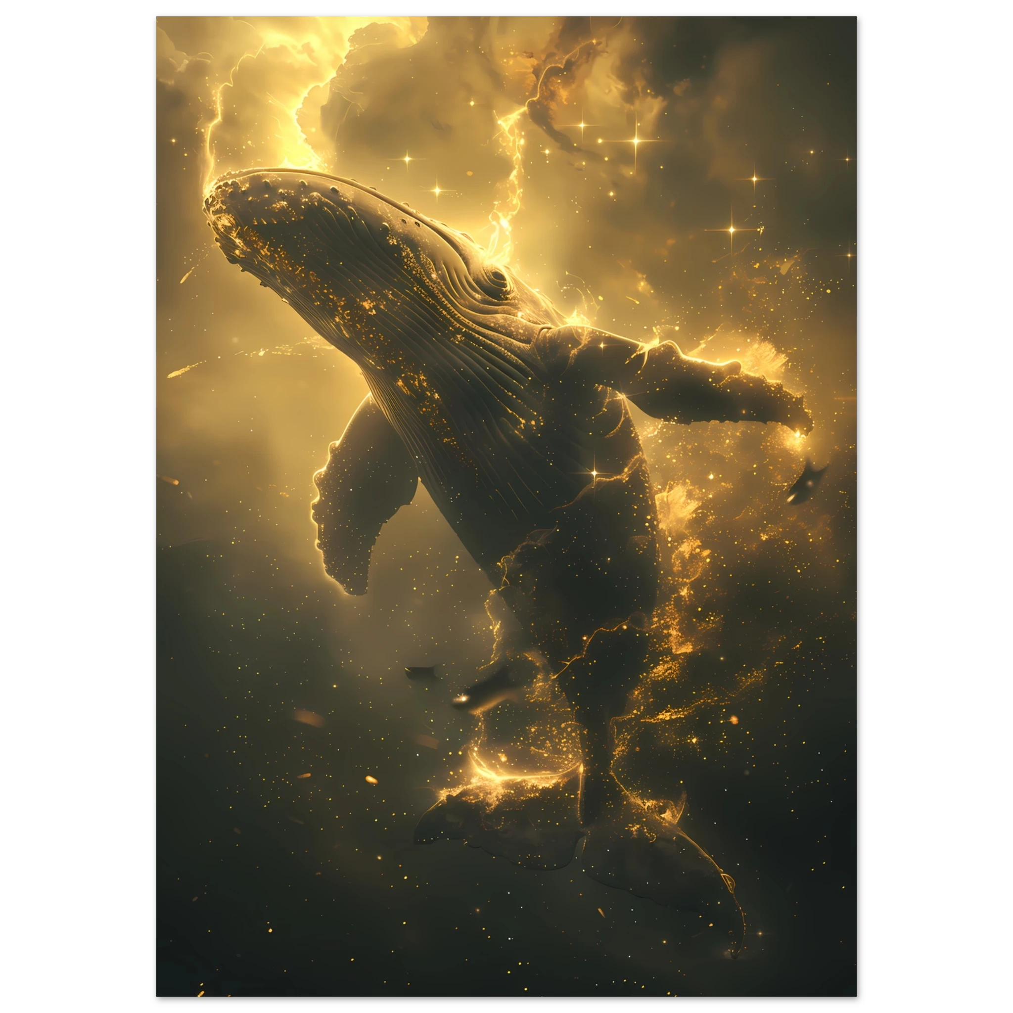 Whale formed of constellations with starlit fins swimming across a galaxy sky — surreal cosmic wall print.
