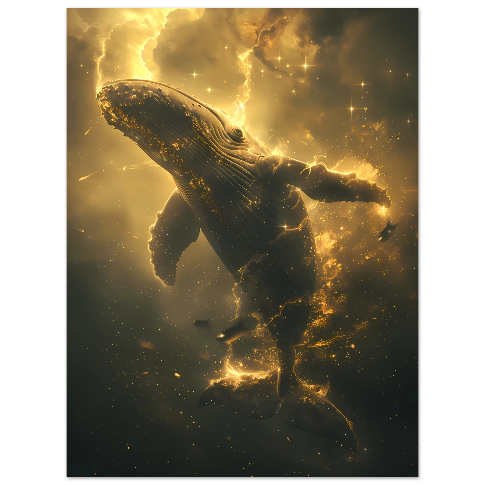 Whale formed of constellations with starlit fins swimming across a galaxy sky — surreal cosmic wall print.