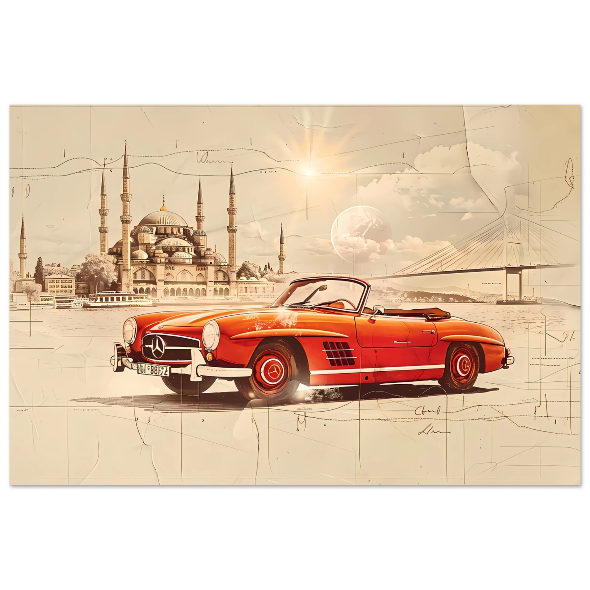 Red Mercedes 190SL driving across Bosphorus — detailed vintage car sketch.