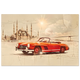 Red Mercedes 190SL driving across Bosphorus — detailed vintage car sketch.