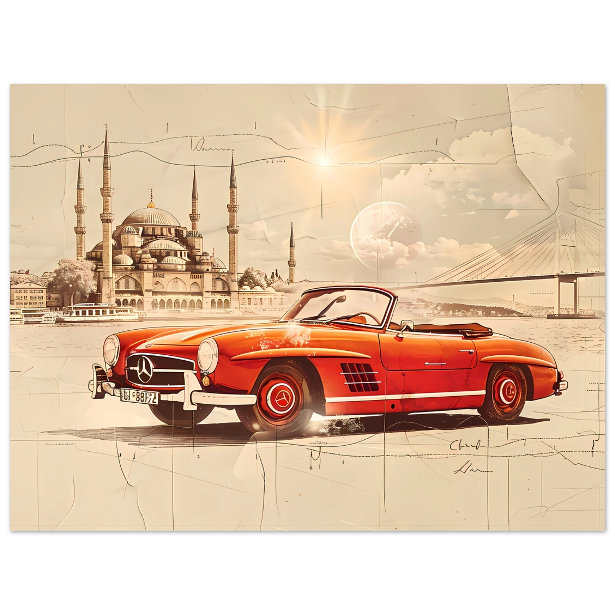 Red Mercedes 190SL driving across Bosphorus — detailed vintage car sketch.