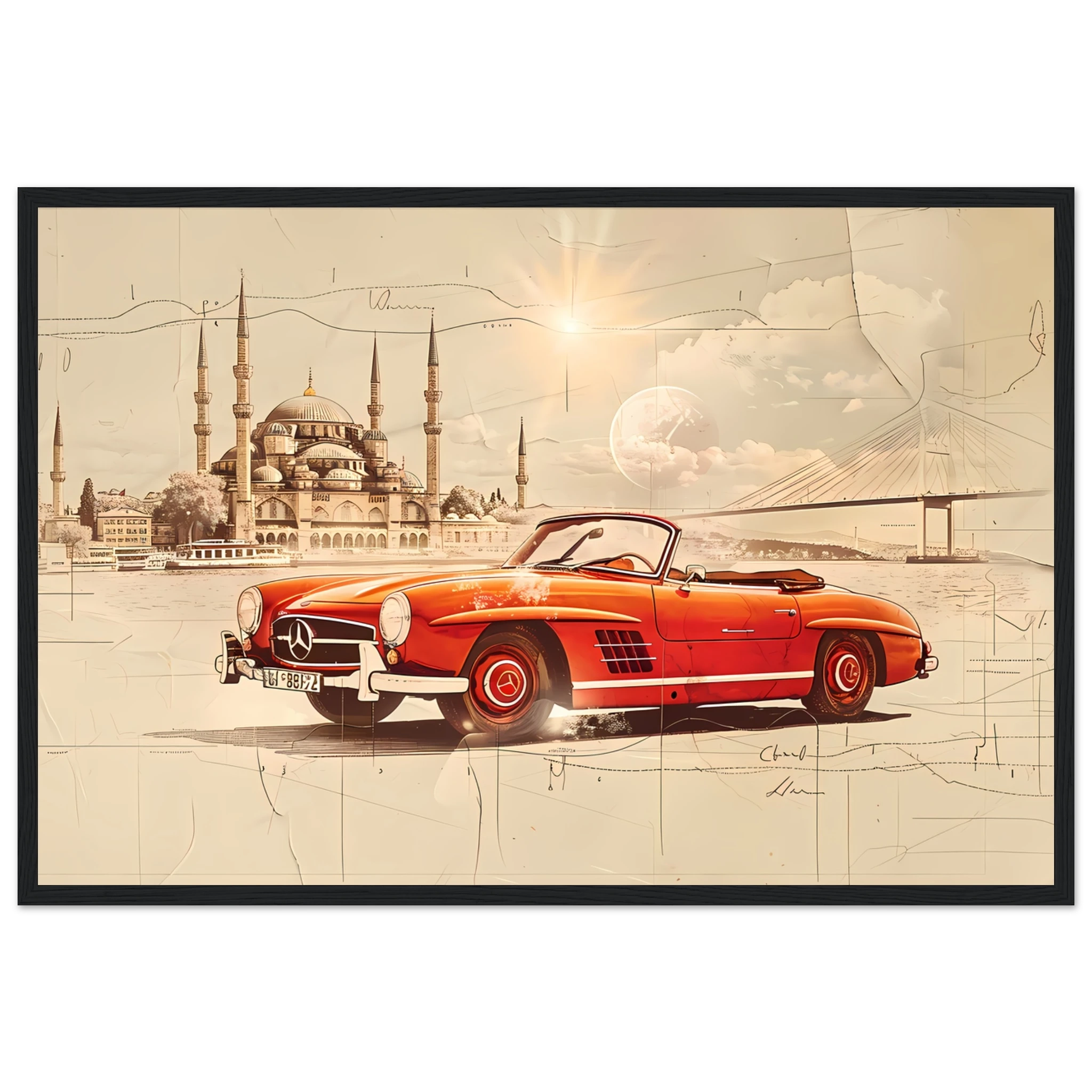 Red Mercedes 190SL driving across Bosphorus — detailed vintage car sketch.