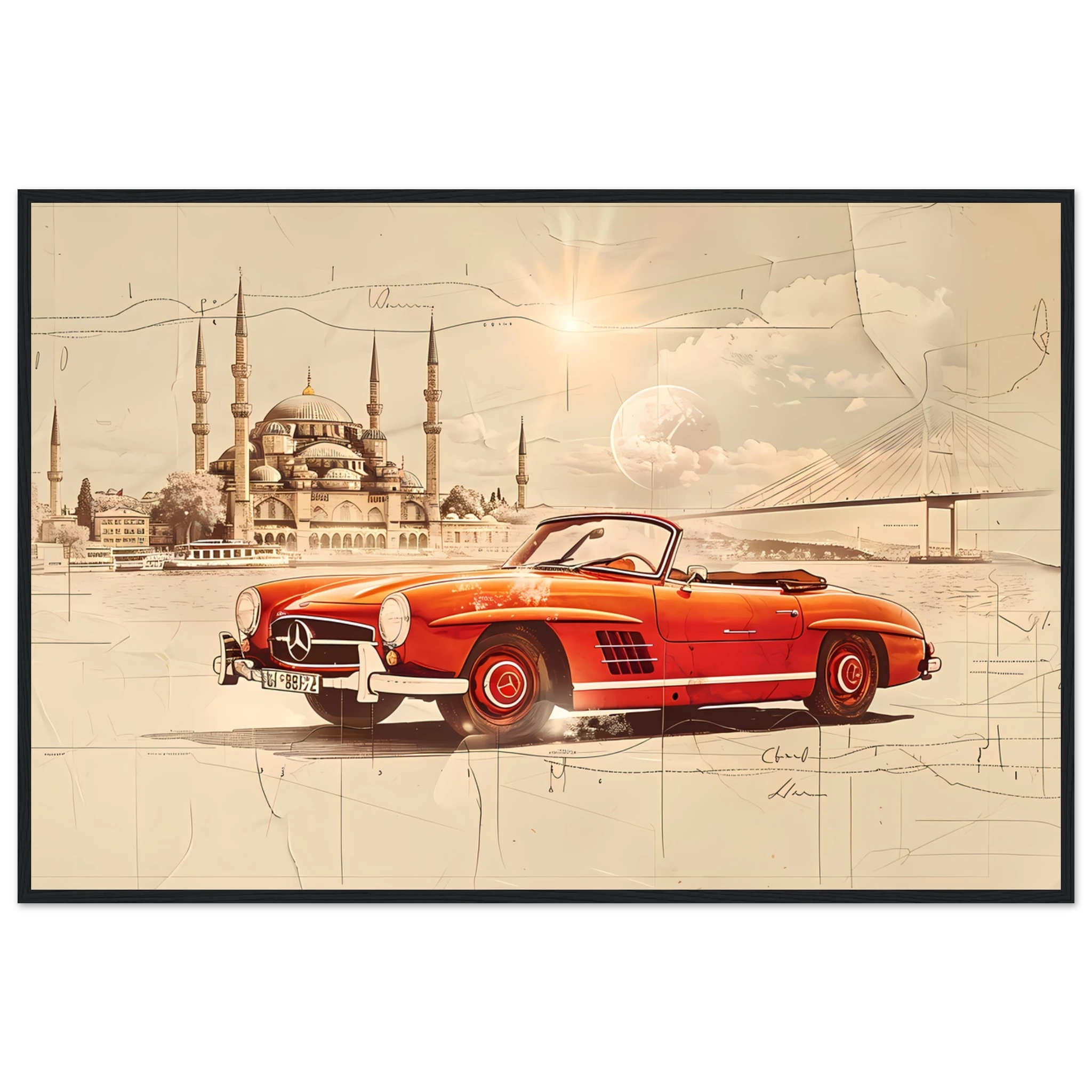 Red Mercedes 190SL driving across Bosphorus — detailed vintage car sketch.
