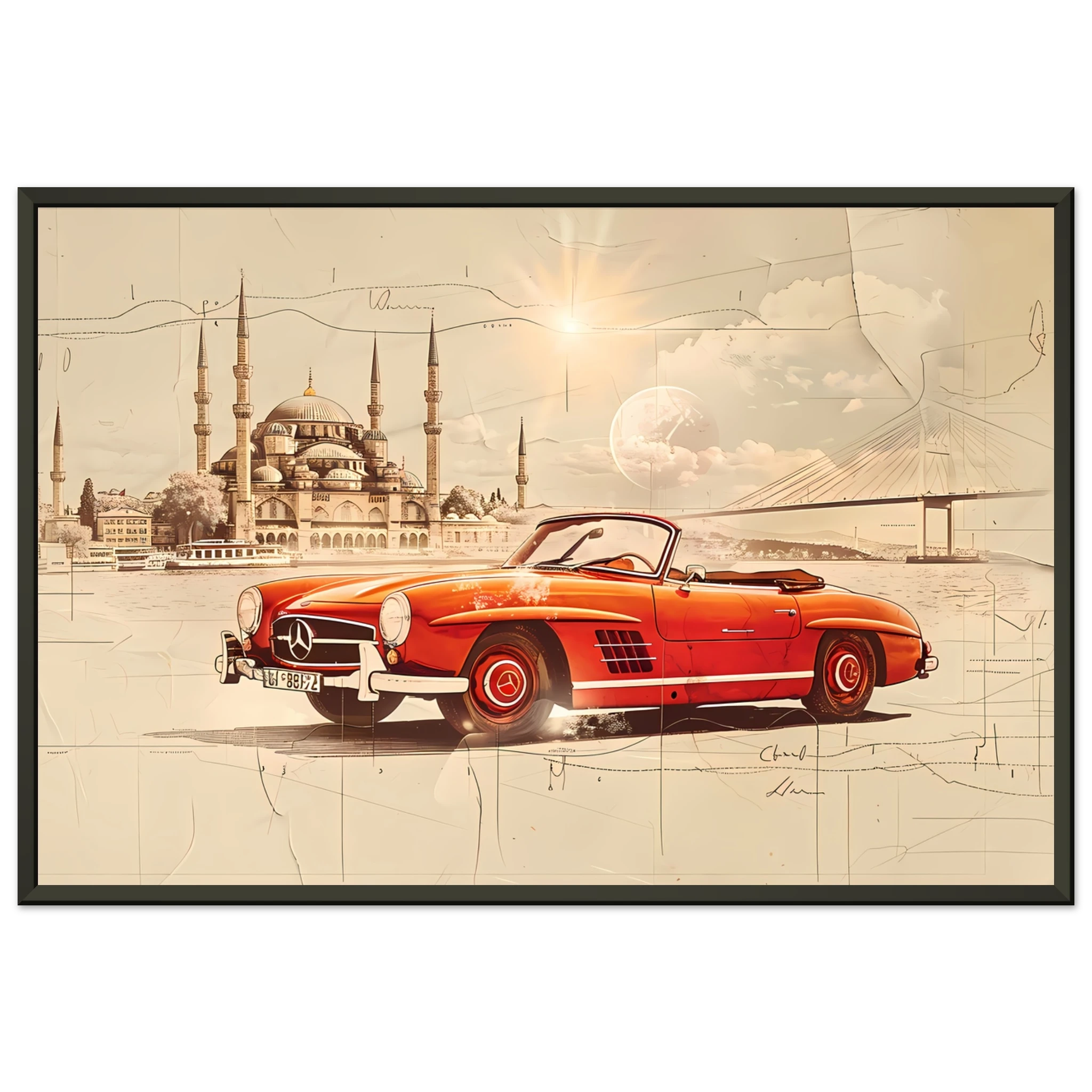 Red Mercedes 190SL driving across Bosphorus — detailed vintage car sketch.