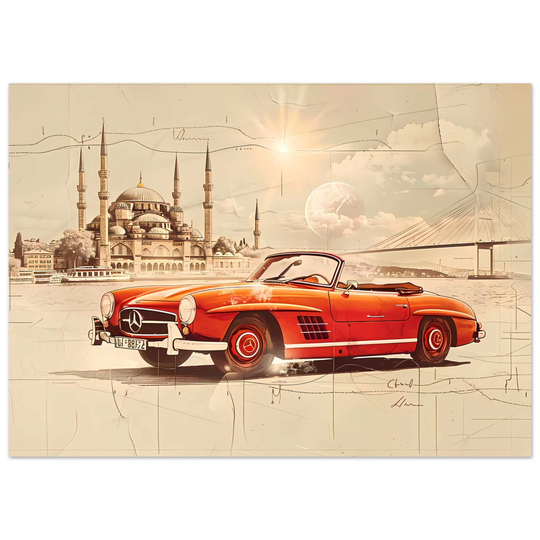 Red Mercedes 190SL driving across Bosphorus — detailed vintage car sketch.