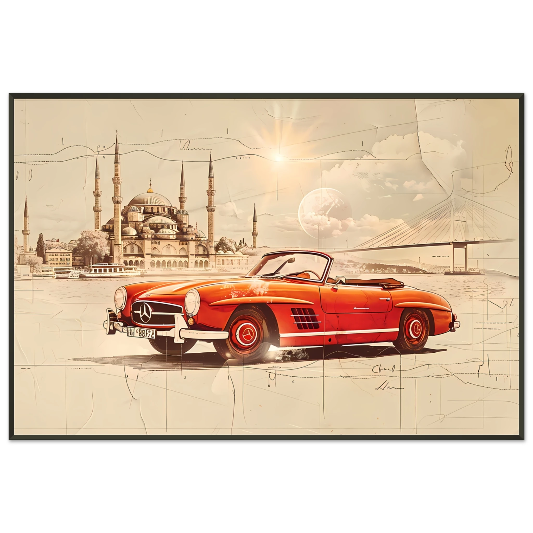 Red Mercedes 190SL driving across Bosphorus — detailed vintage car sketch.