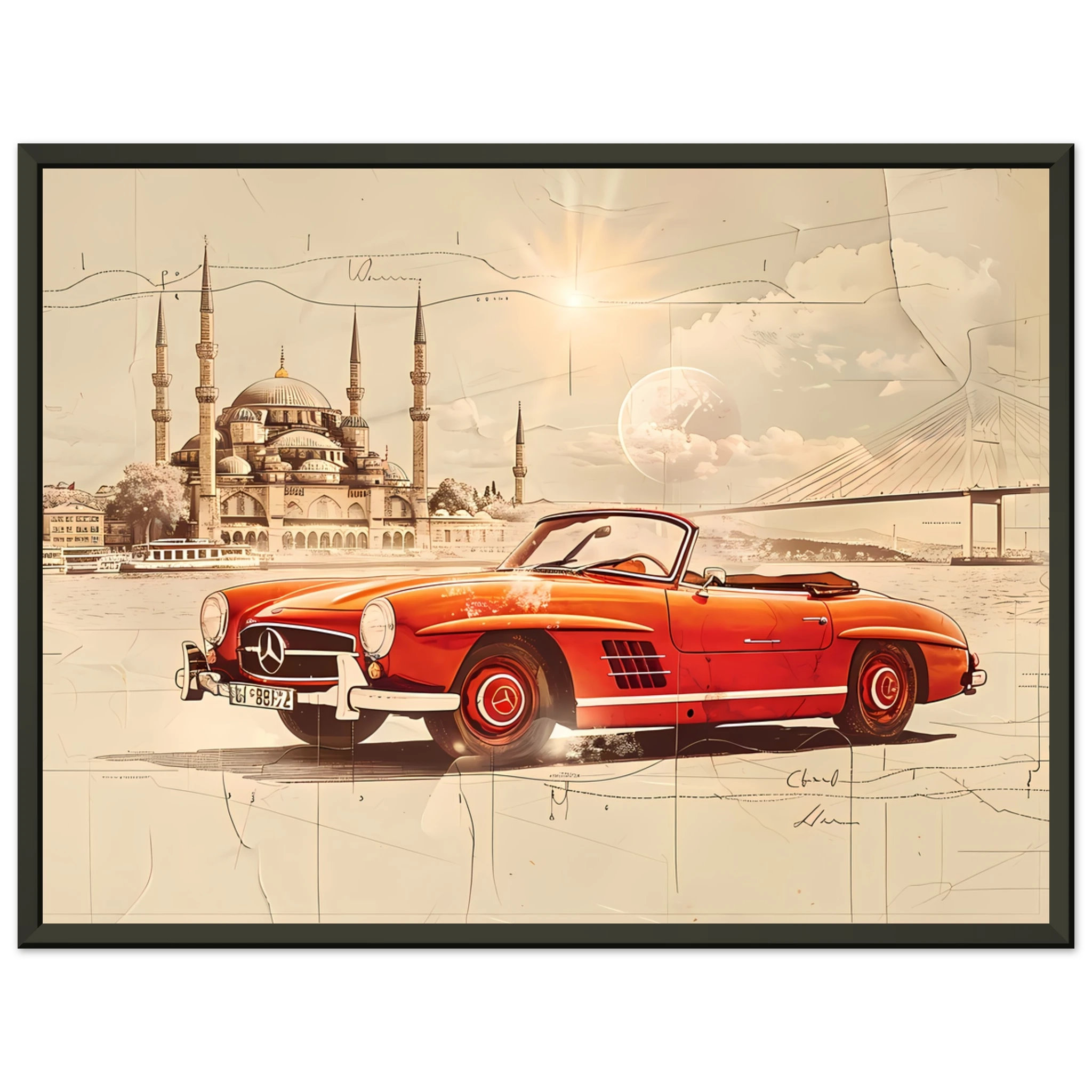 Red Mercedes 190SL driving across Bosphorus — detailed vintage car sketch.