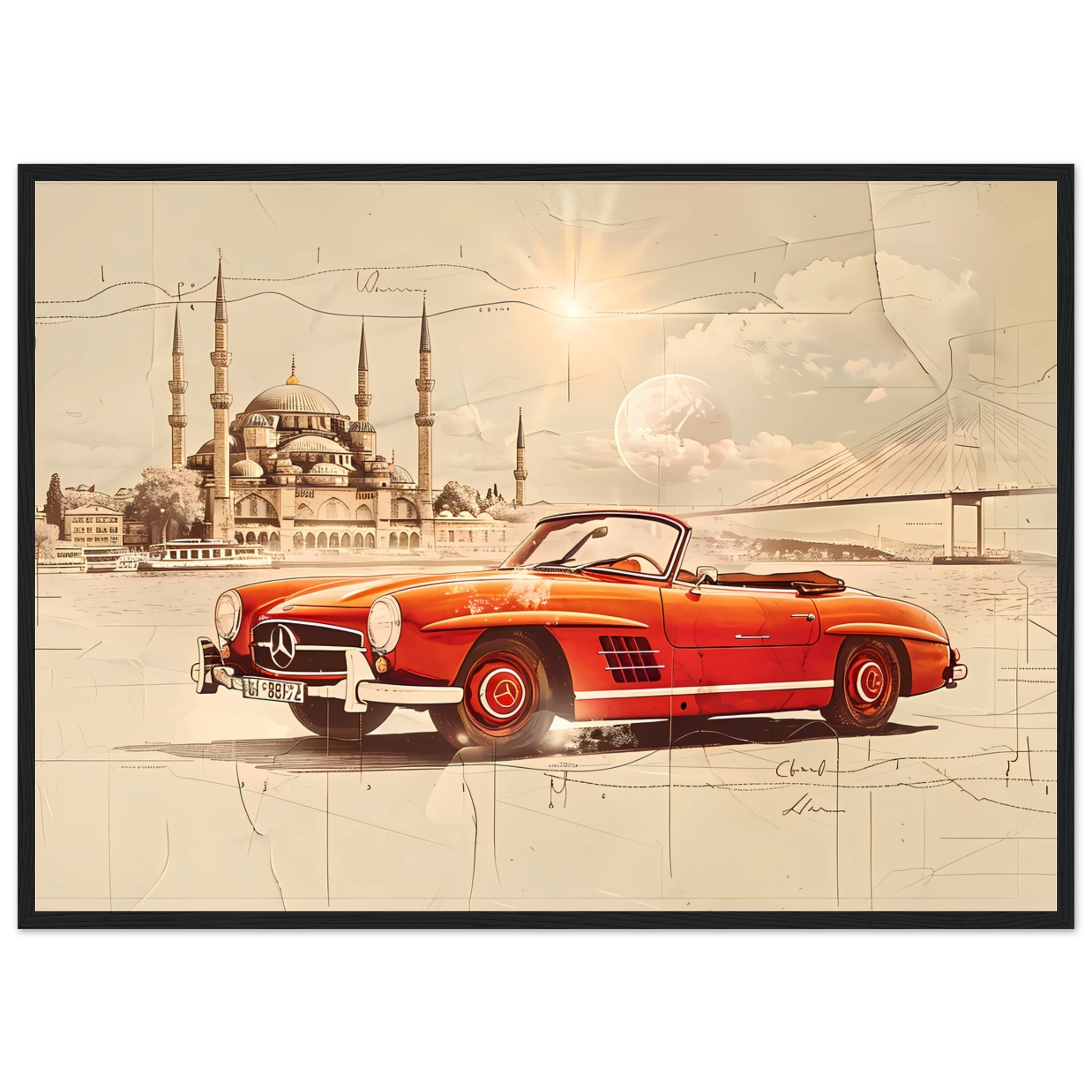 Red Mercedes 190SL driving across Bosphorus — detailed vintage car sketch.