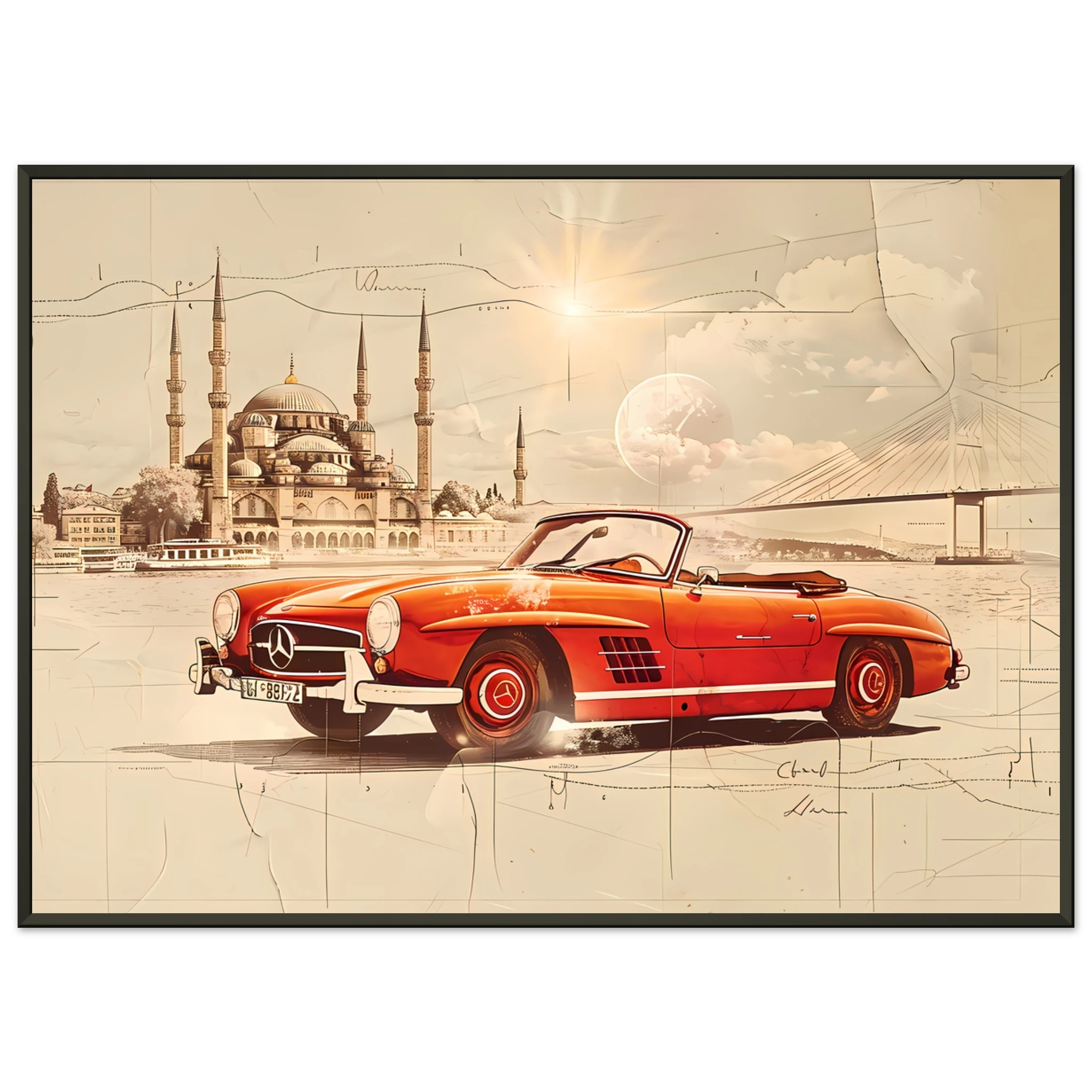 Red Mercedes 190SL driving across Bosphorus — detailed vintage car sketch.