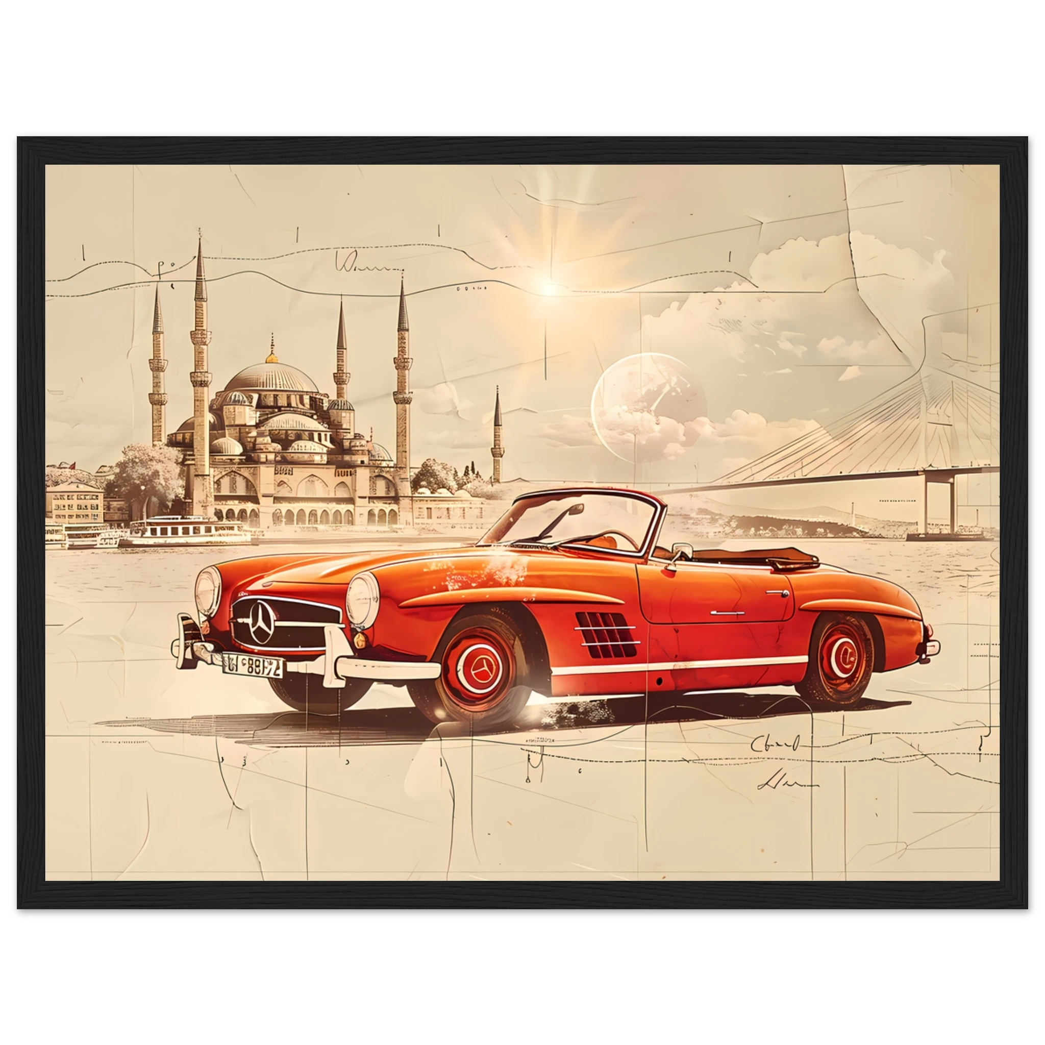 Red Mercedes 190SL driving across Bosphorus — detailed vintage car sketch.