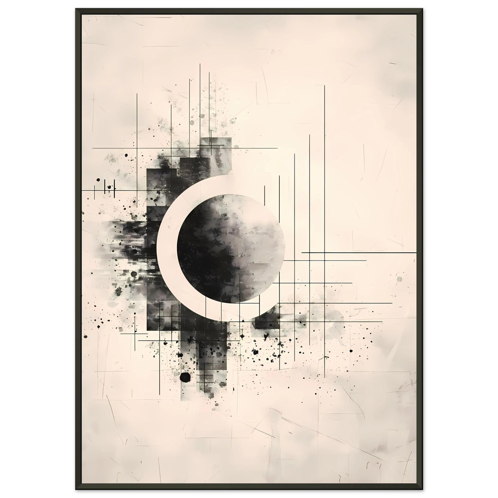 Beige and white intersecting geometric lines on a soft textured canvas background — Japandi minimalist wall art print.