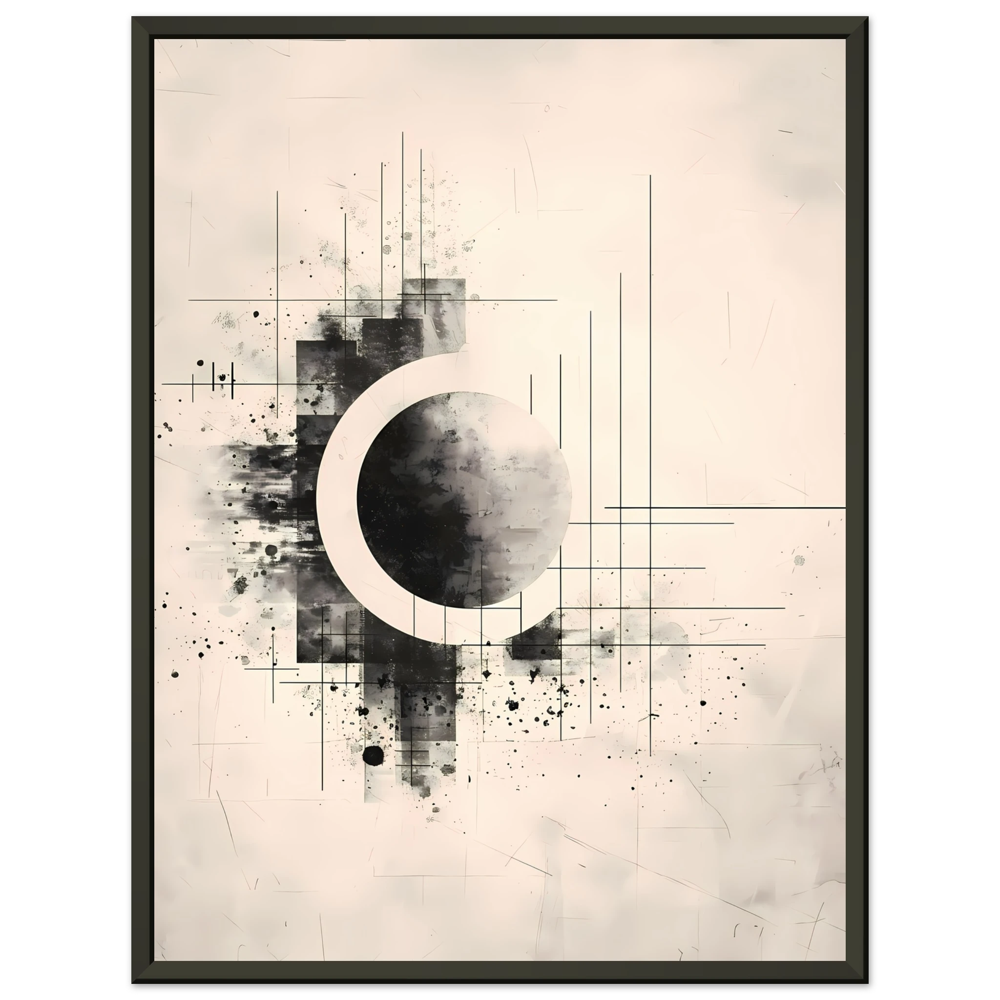 Beige and white intersecting geometric lines on a soft textured canvas background — Japandi minimalist wall art print.