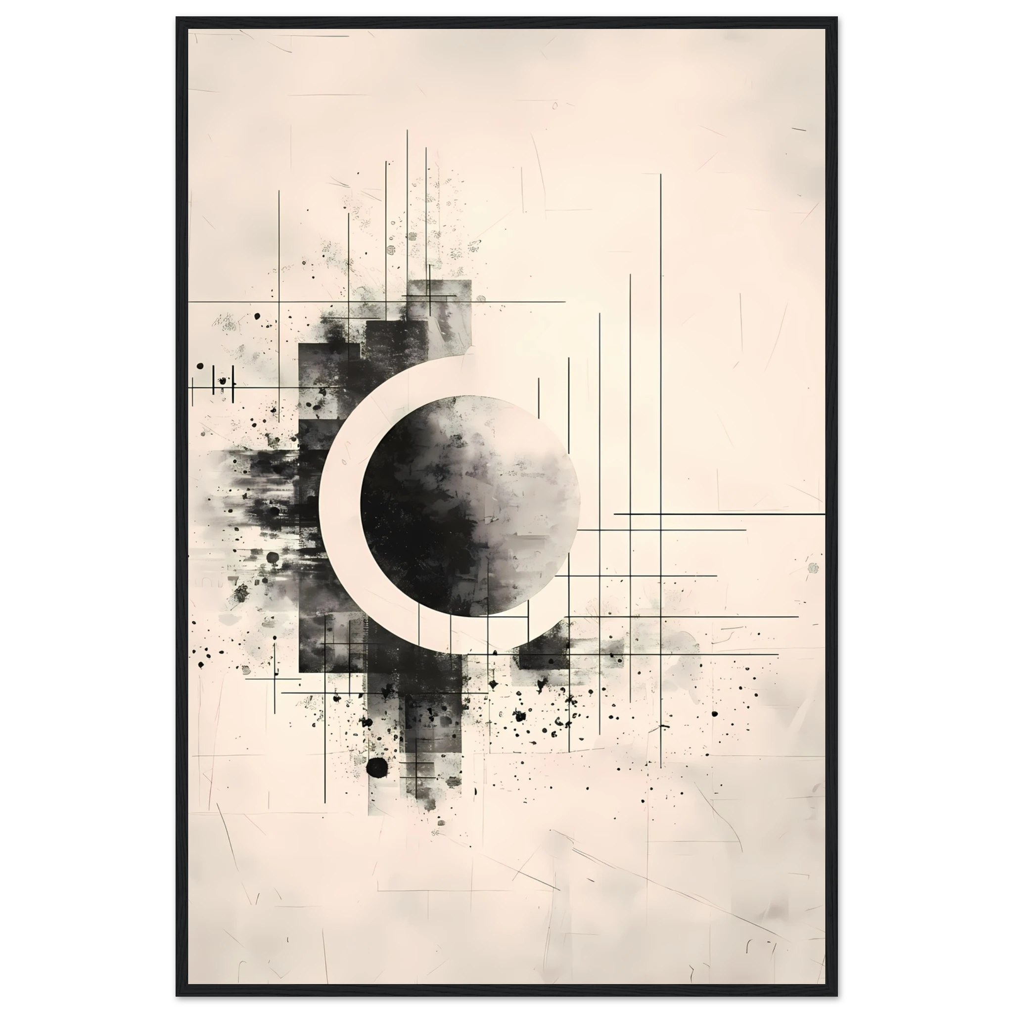 Beige and white intersecting geometric lines on a soft textured canvas background — Japandi minimalist wall art print.