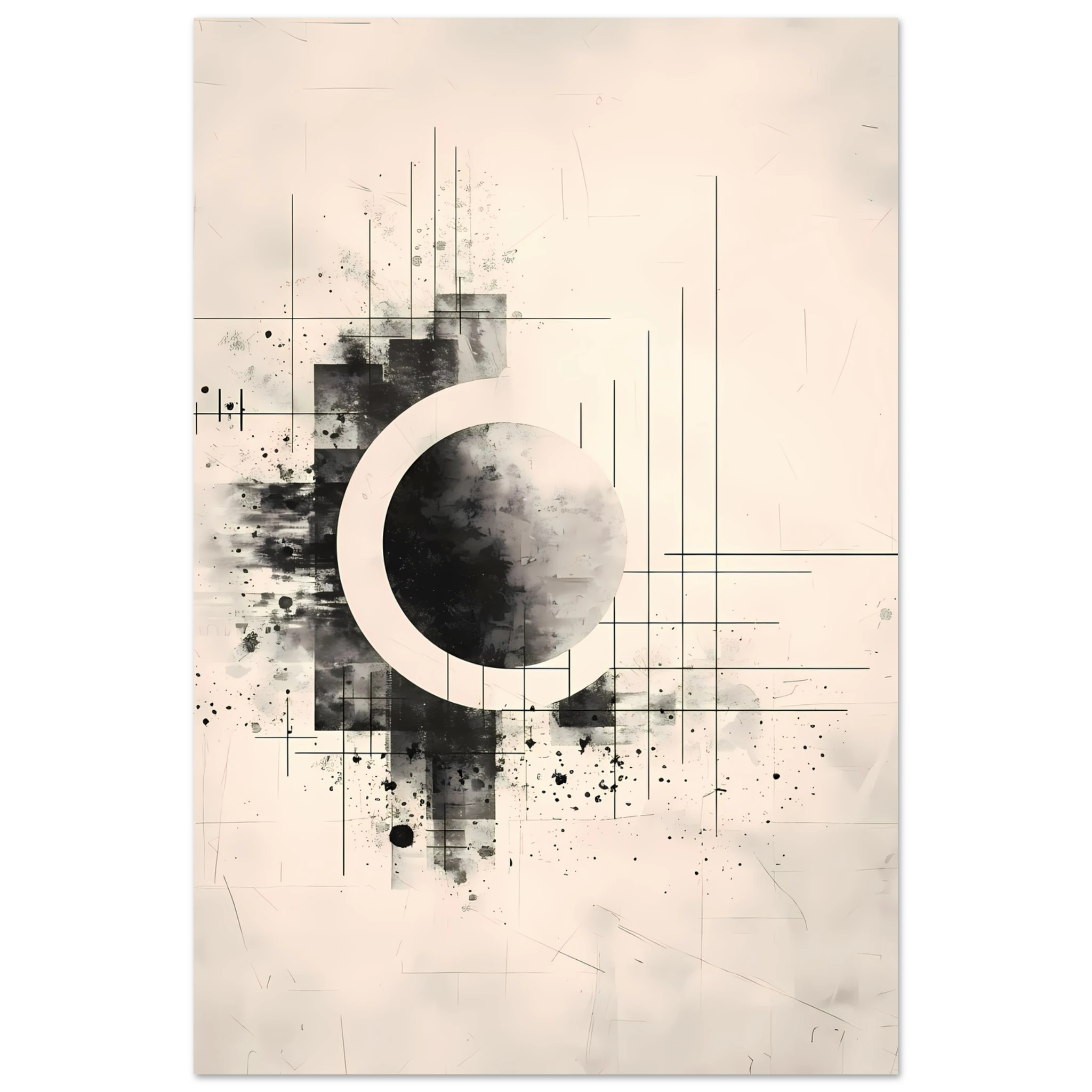 Beige and white intersecting geometric lines on a soft textured canvas background — Japandi minimalist wall art print.