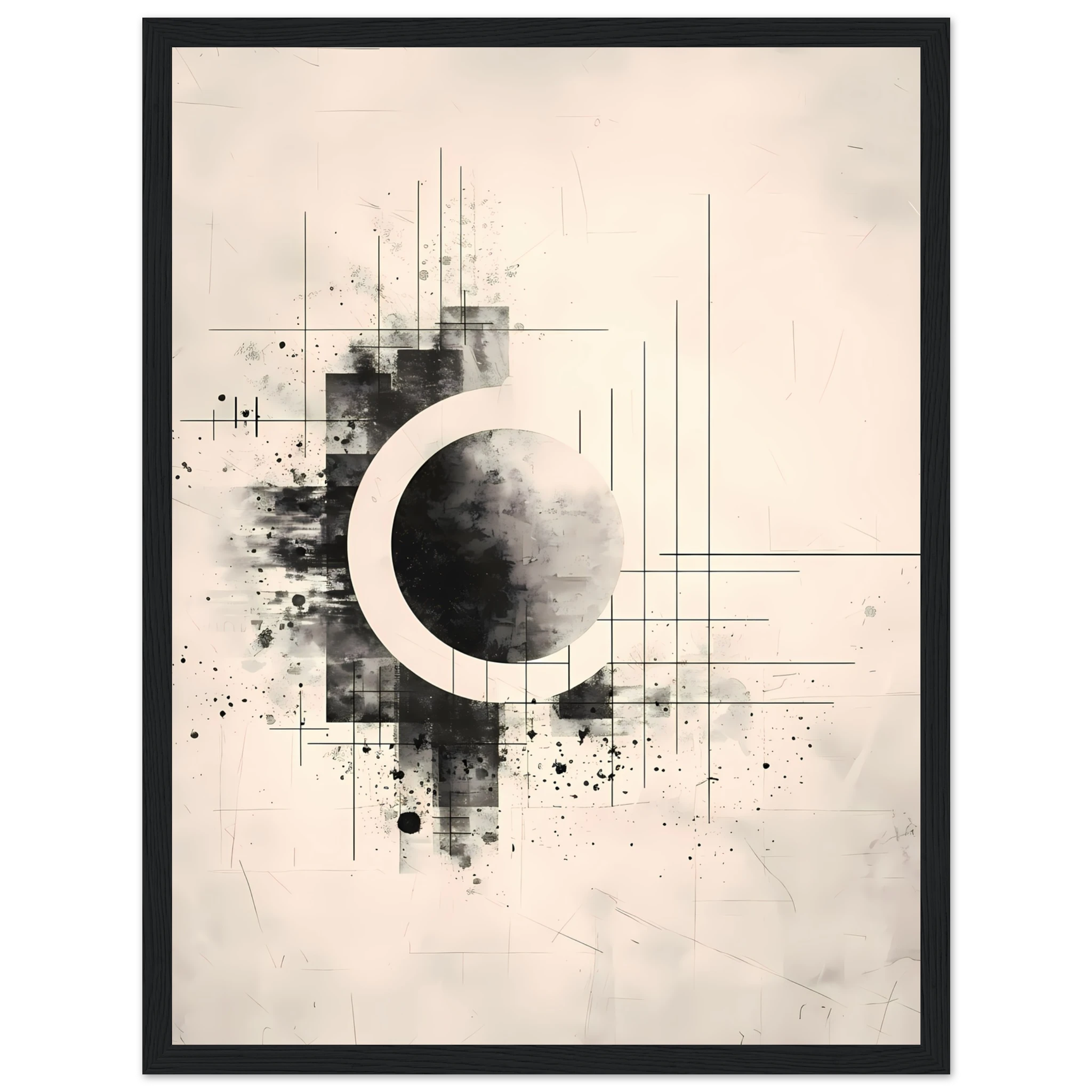 Beige and white intersecting geometric lines on a soft textured canvas background — Japandi minimalist wall art print.