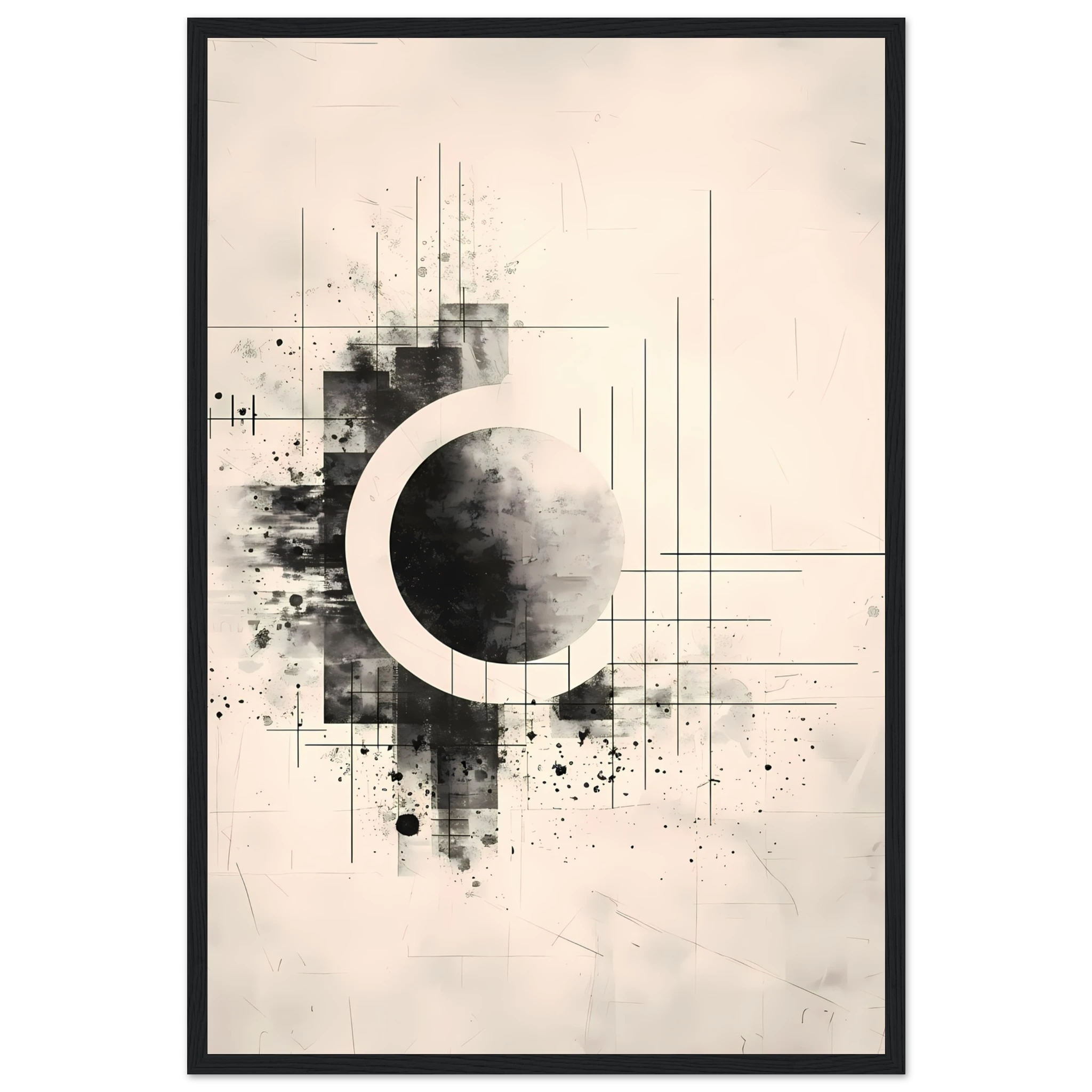 Beige and white intersecting geometric lines on a soft textured canvas background — Japandi minimalist wall art print.