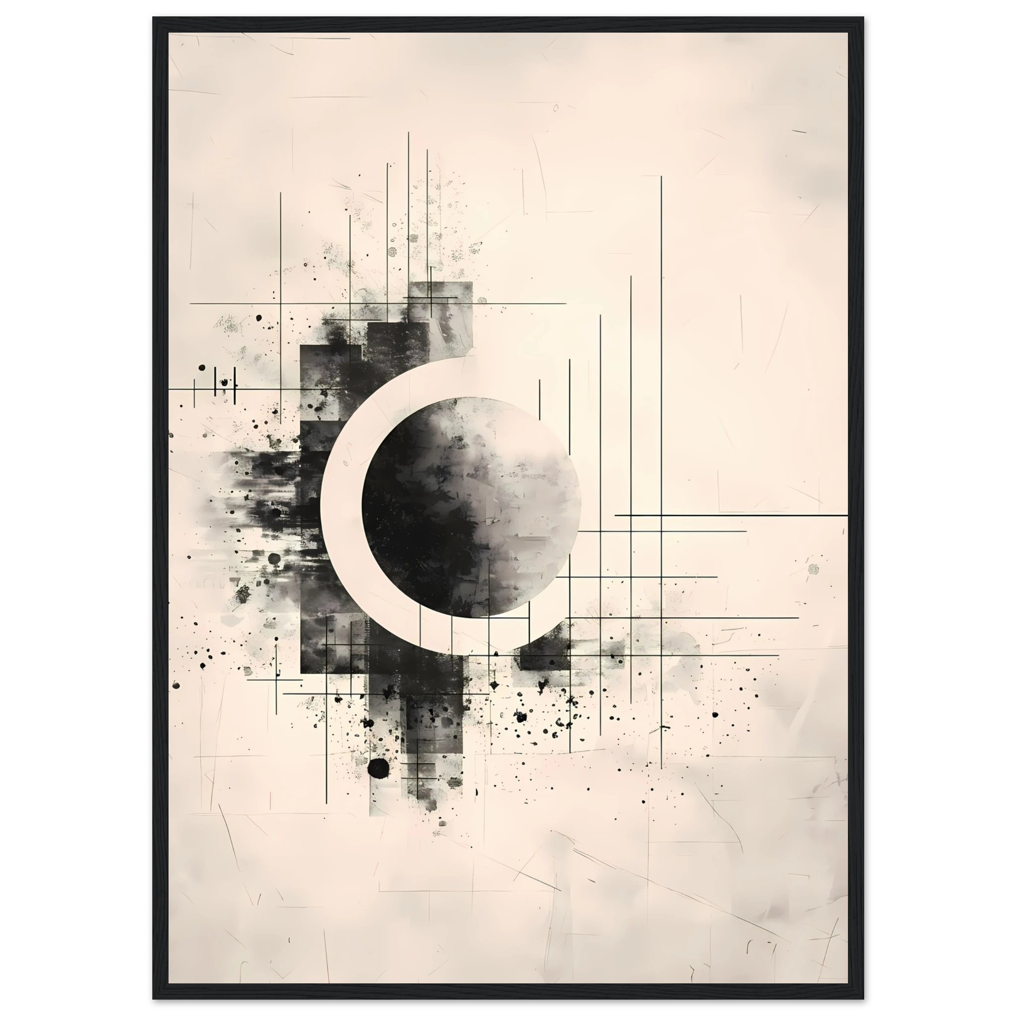 Beige and white intersecting geometric lines on a soft textured canvas background — Japandi minimalist wall art print.