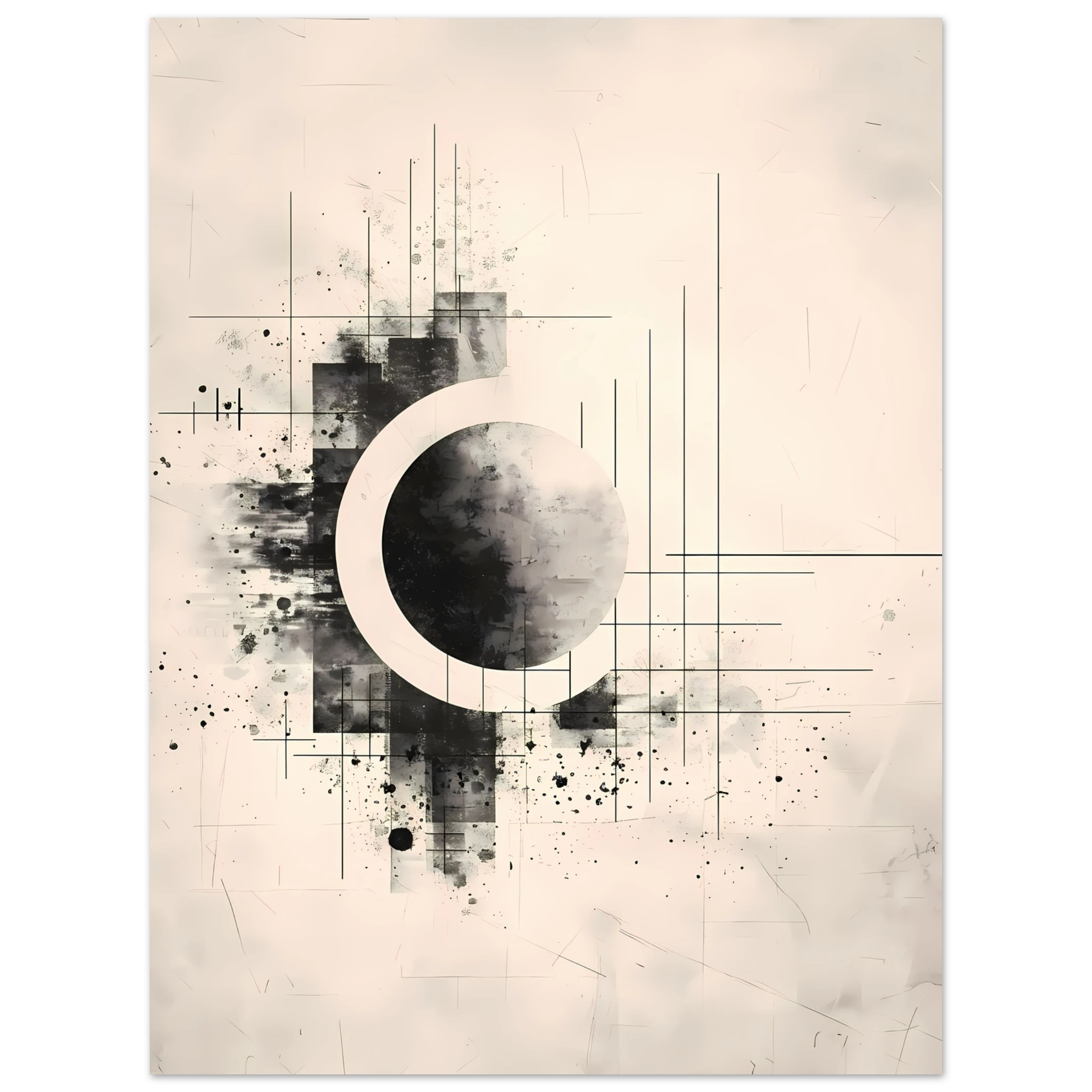 Beige and white intersecting geometric lines on a soft textured canvas background — Japandi minimalist wall art print.