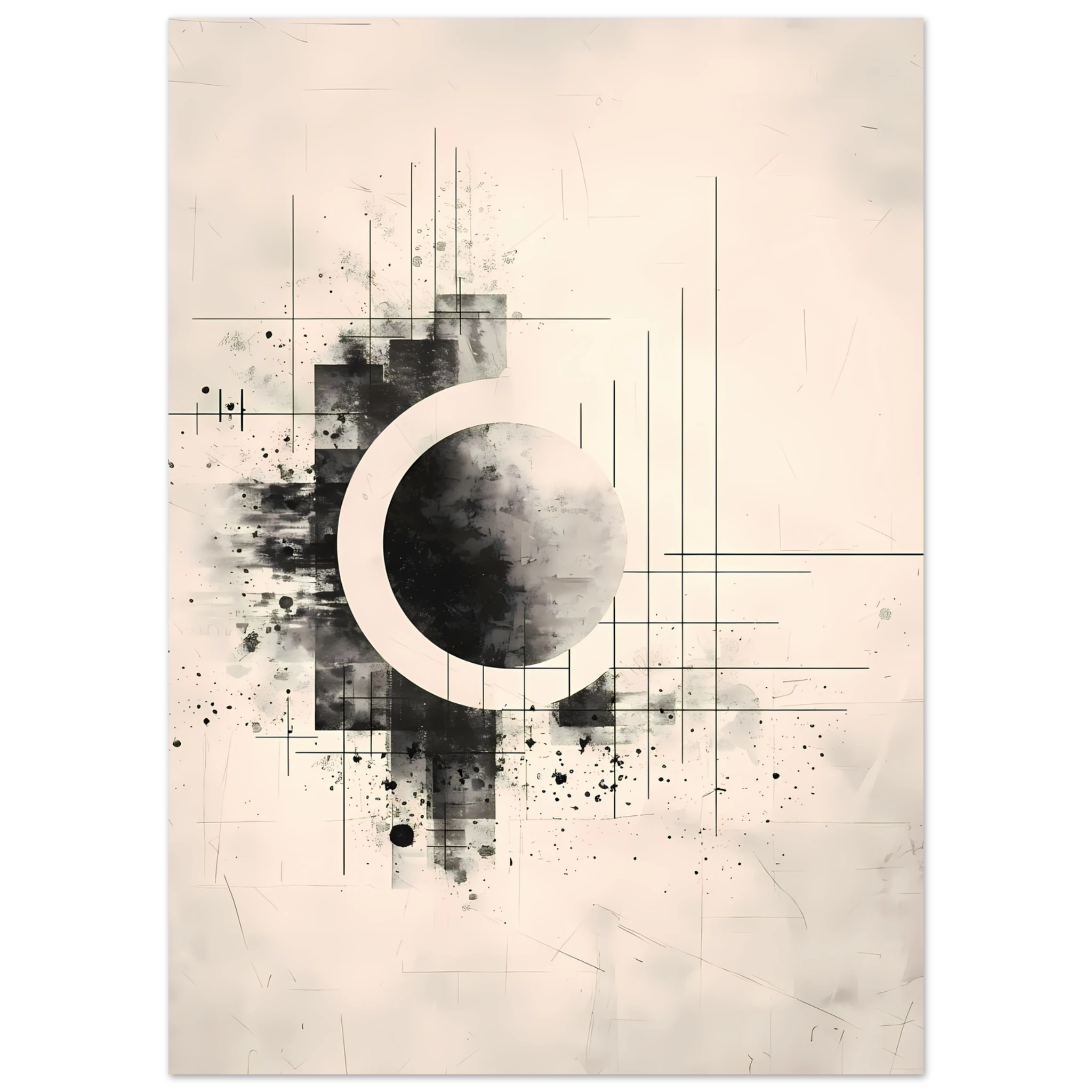 Beige and white intersecting geometric lines on a soft textured canvas background — Japandi minimalist wall art print.