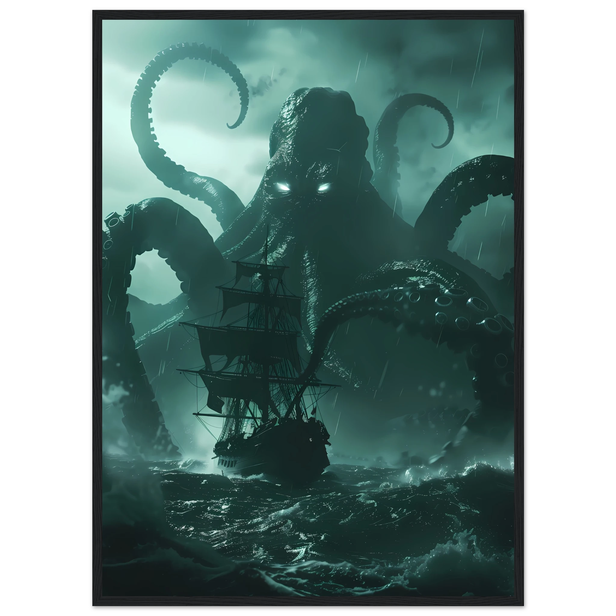 Kraken rising from stormy ocean gripping ship — cinematic mythological wall art print.