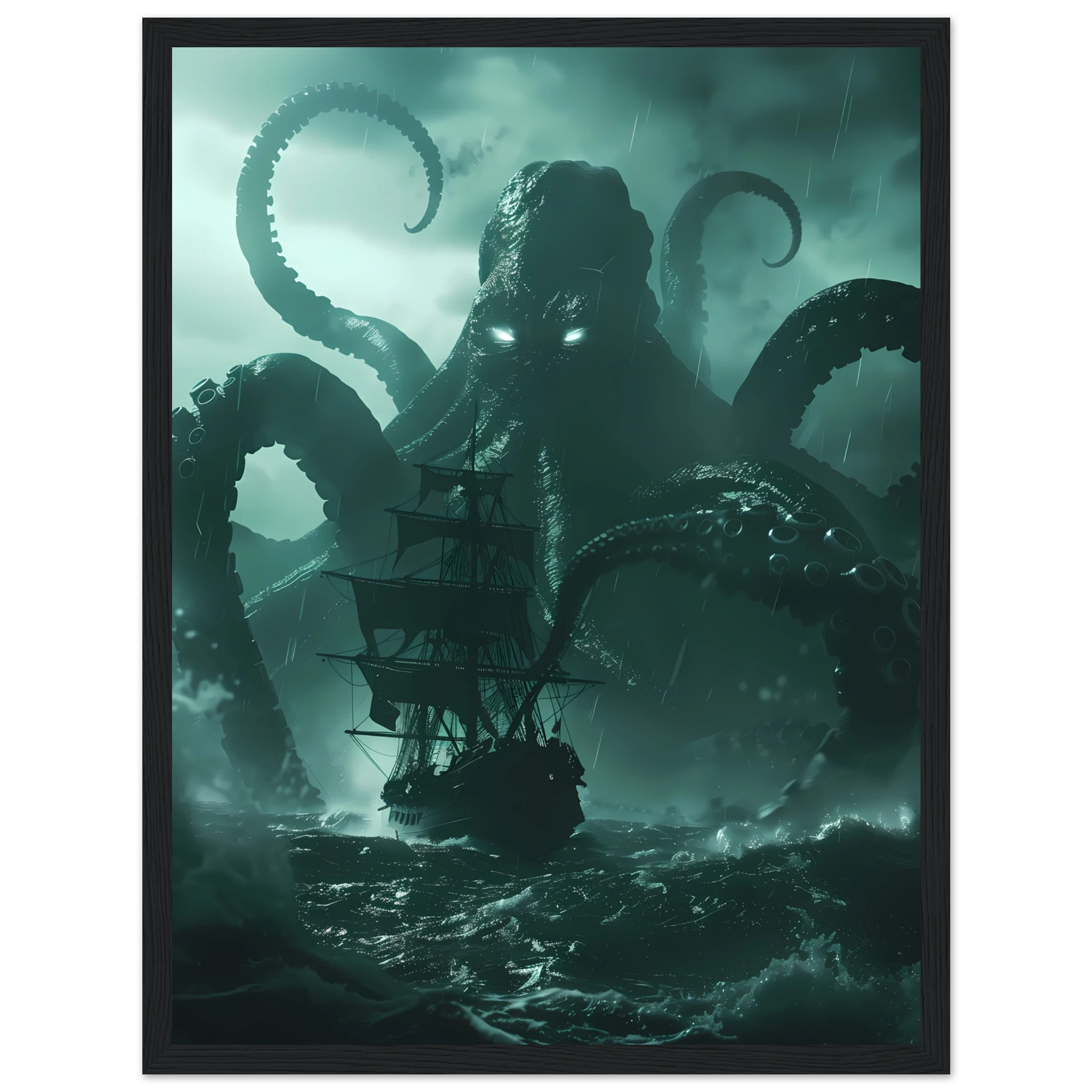 Kraken rising from stormy ocean gripping ship — cinematic mythological wall art print.